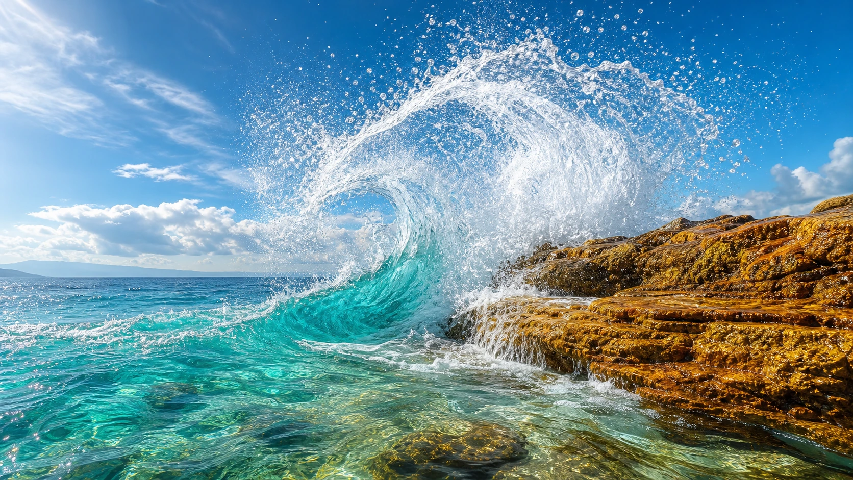 碧蓝海浪撞上金色礁石，水花在晴空下高高卷起