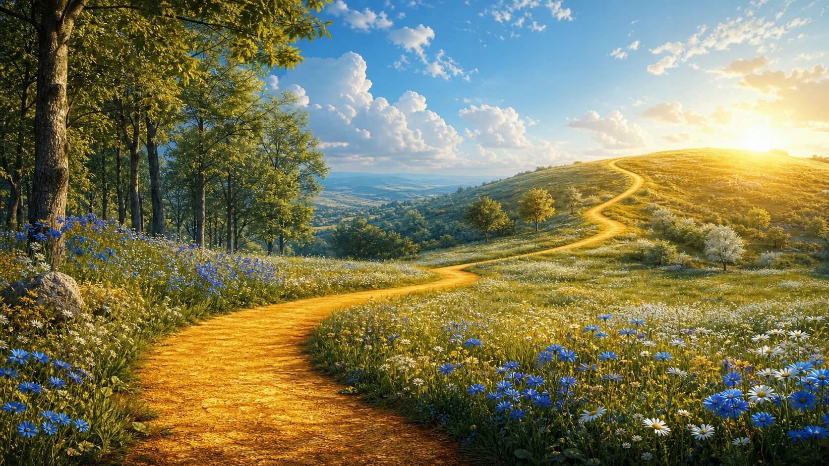 金色小路穿过蓝白花海，蜿蜒伸向夕阳照亮的山丘