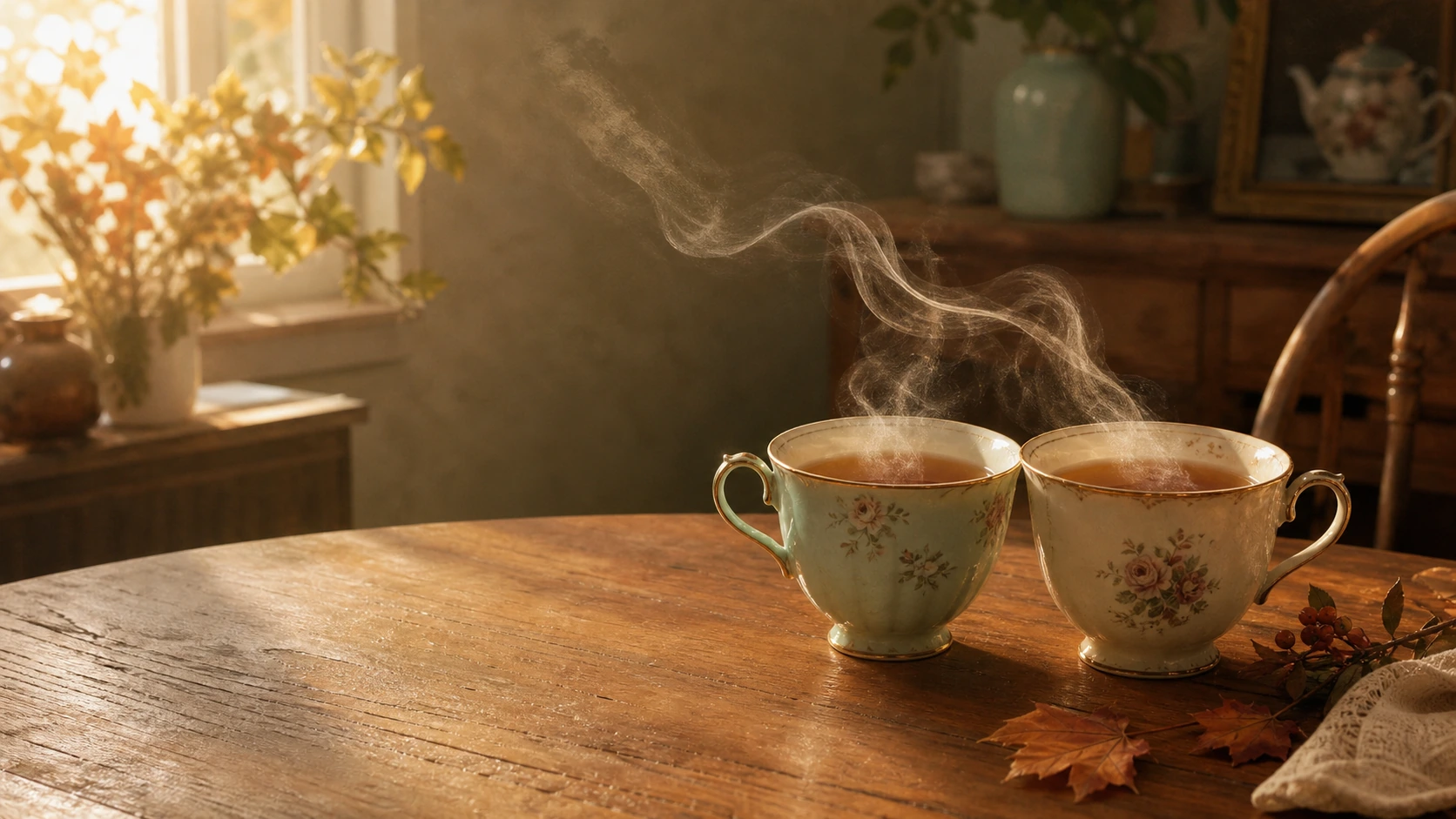 两只花纹茶杯在木桌上冒着热气，旁边散着秋叶与浆果枝