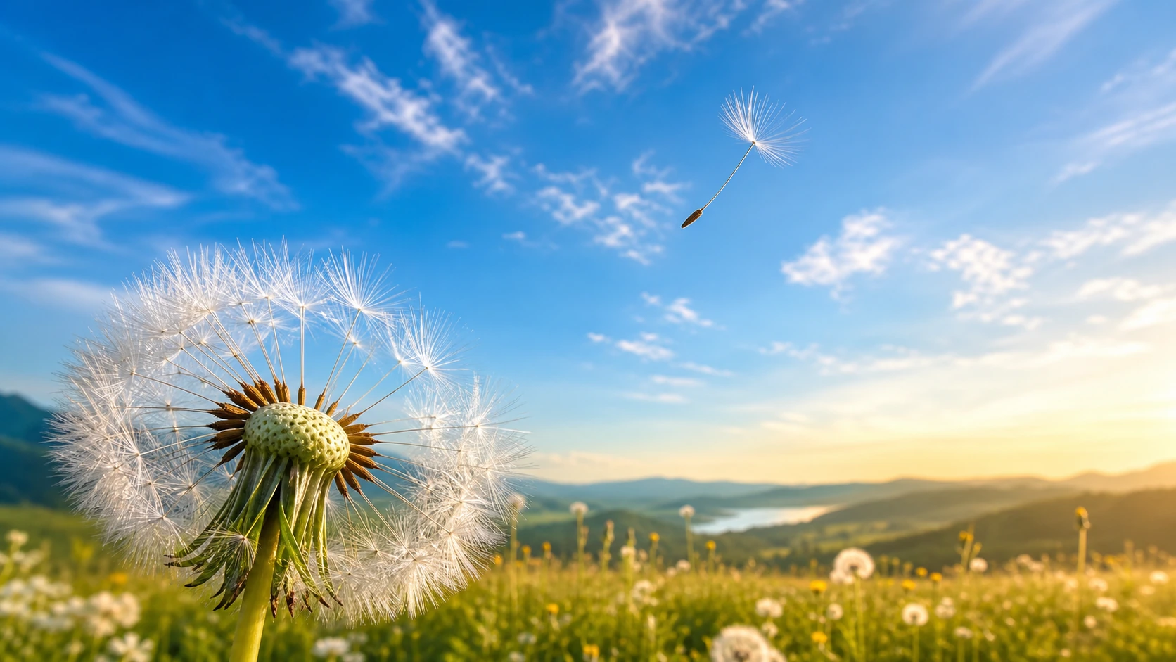 蒲公英绒球在夕阳草地上散开，一颗种子飘向蓝天