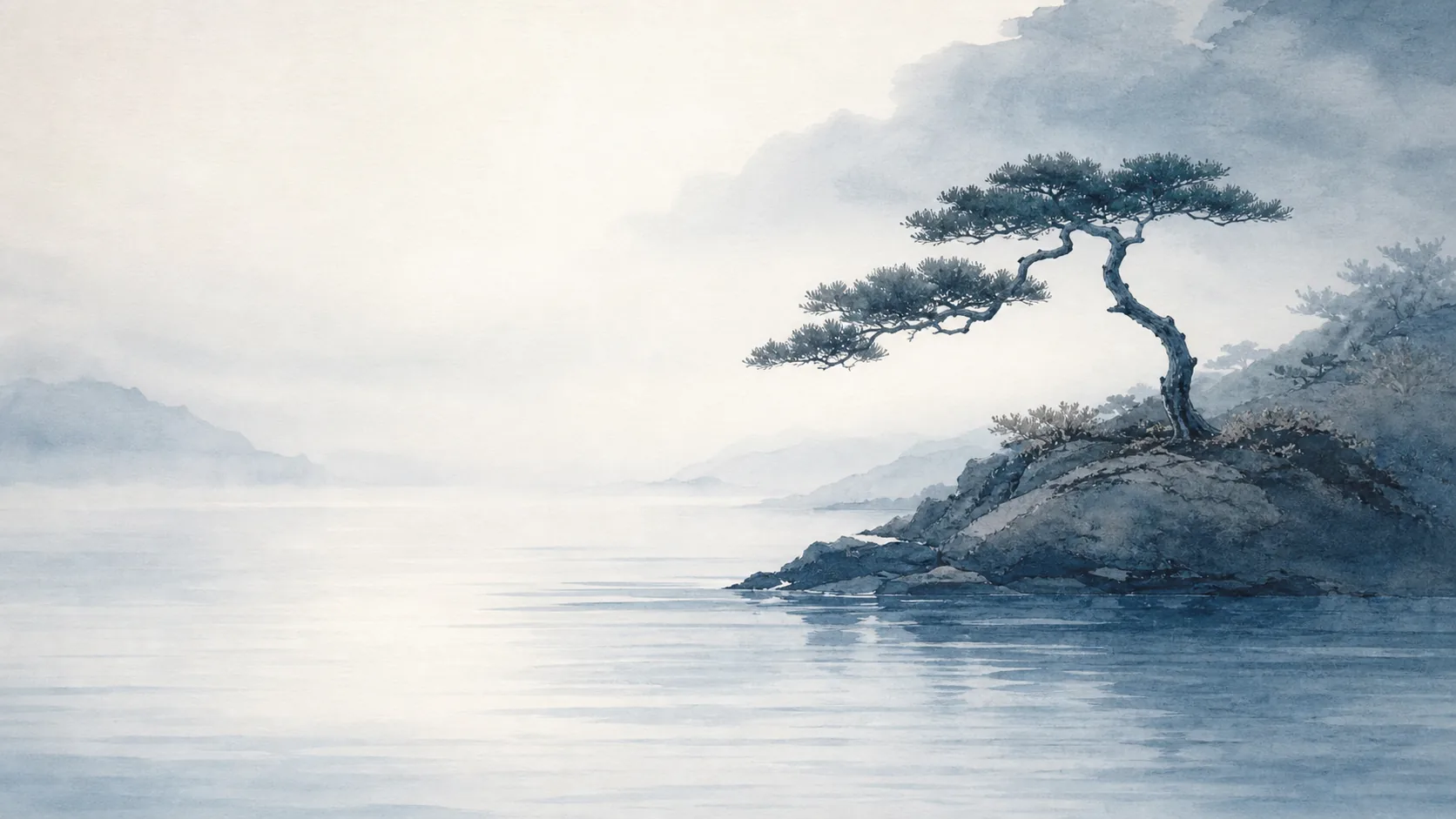 一株松树生长在平静湖边的岩石上，远处群山隐入薄雾