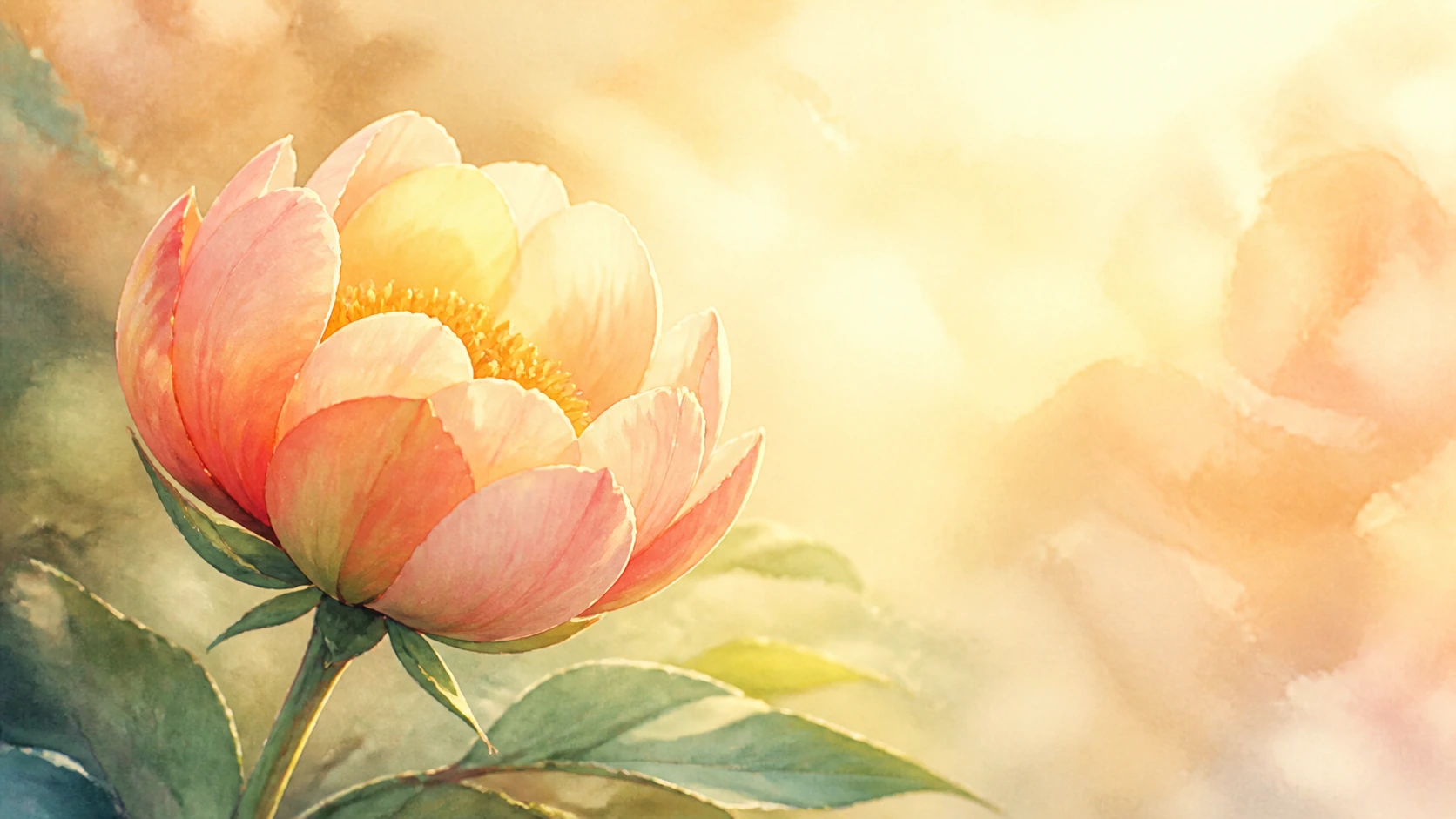粉黄色花朵在暖阳下盛开，绿叶铺在水彩背景中