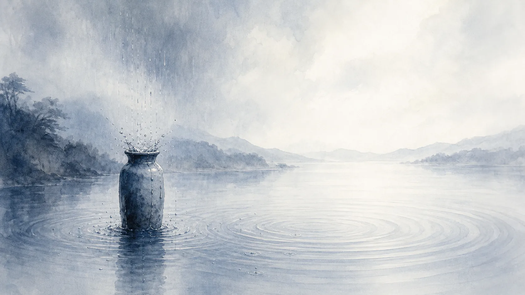 雨滴落入湖面上的陶罐，四周水面泛起层层涟漪