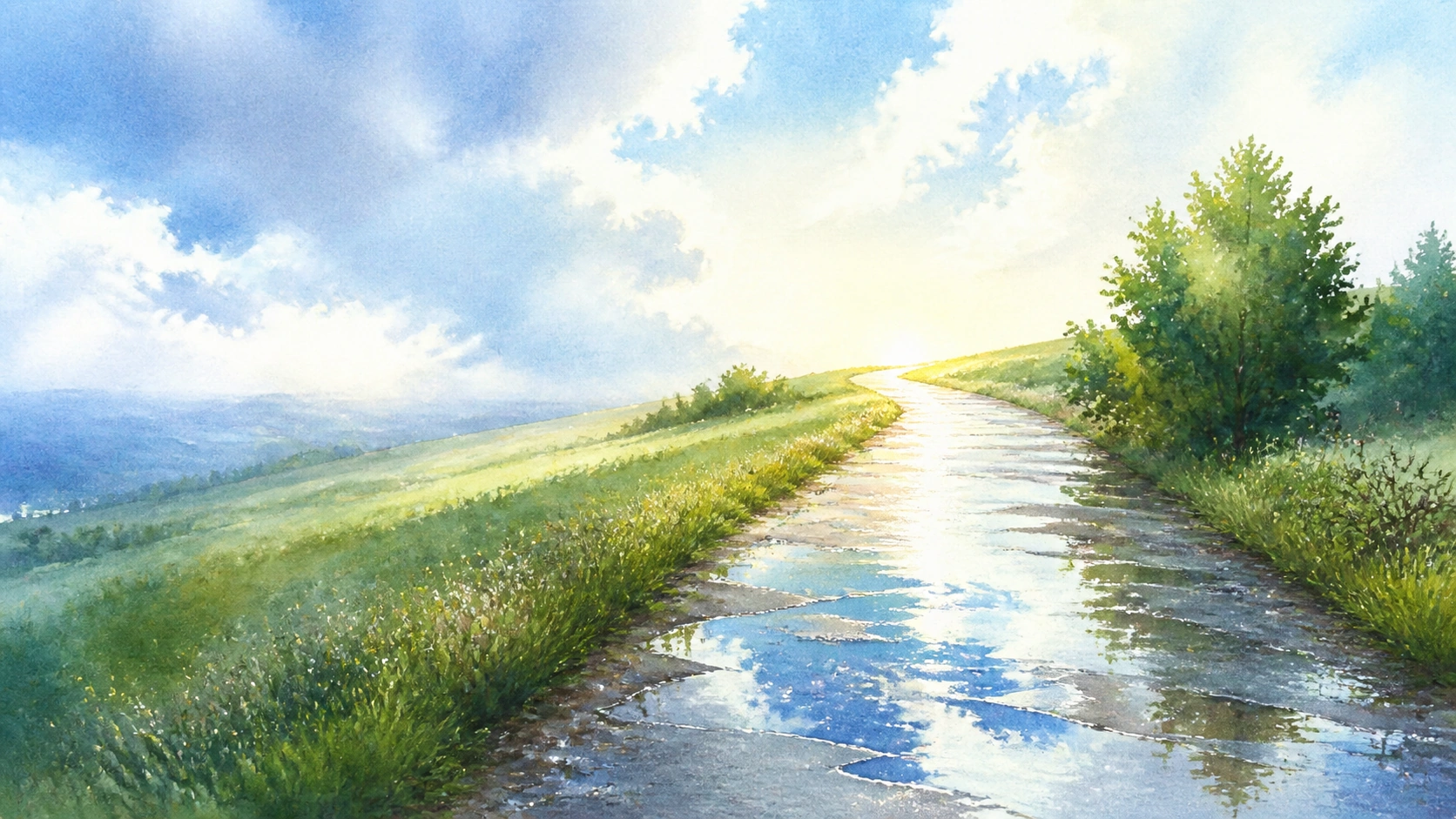 雨后石路穿过青翠山坡，路面积水映出蓝天白云