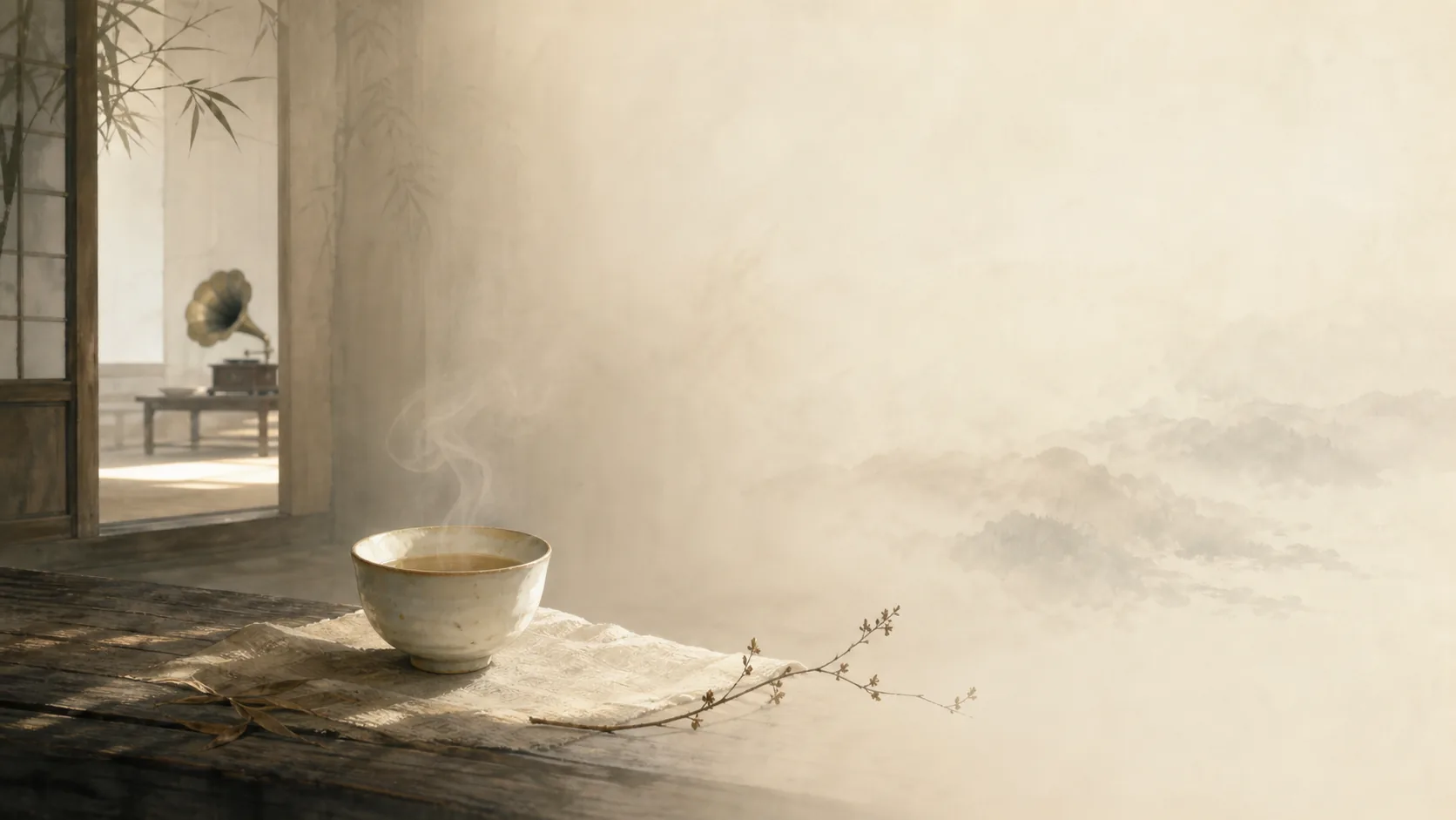 热茶放在窗边木桌上，细枝伸向雾中山景，隔壁房间摆着留声机