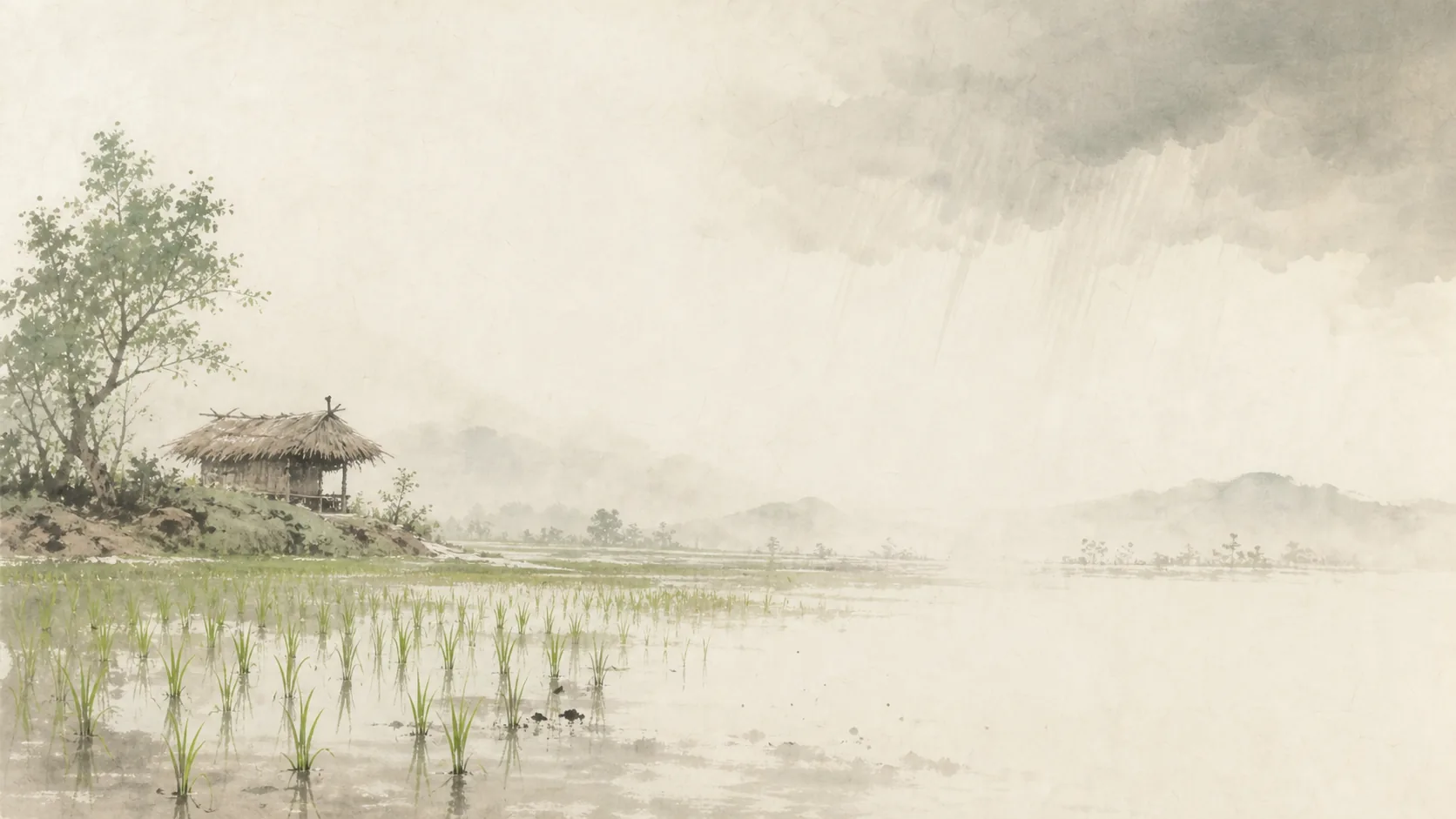 雨水落在新插秧的水田上，田边草棚与树木笼罩在远山薄雾中