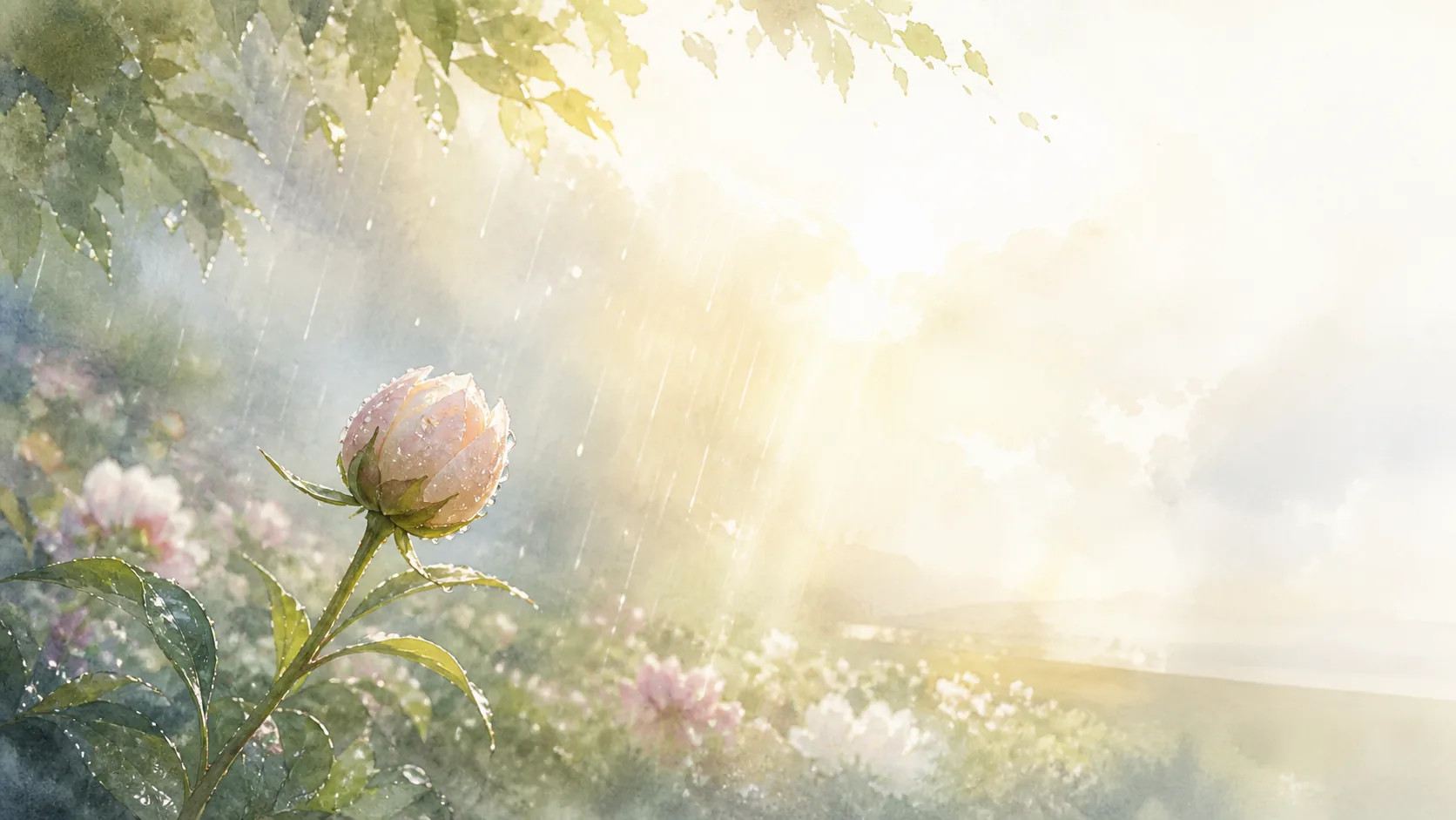 沾满雨珠的粉色花苞立在花田中，阳光穿过阵雨洒下