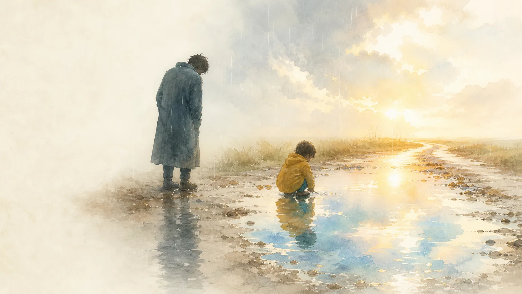 一名大人与穿黄衣的孩子站在雨后土路上，水洼映着夕阳