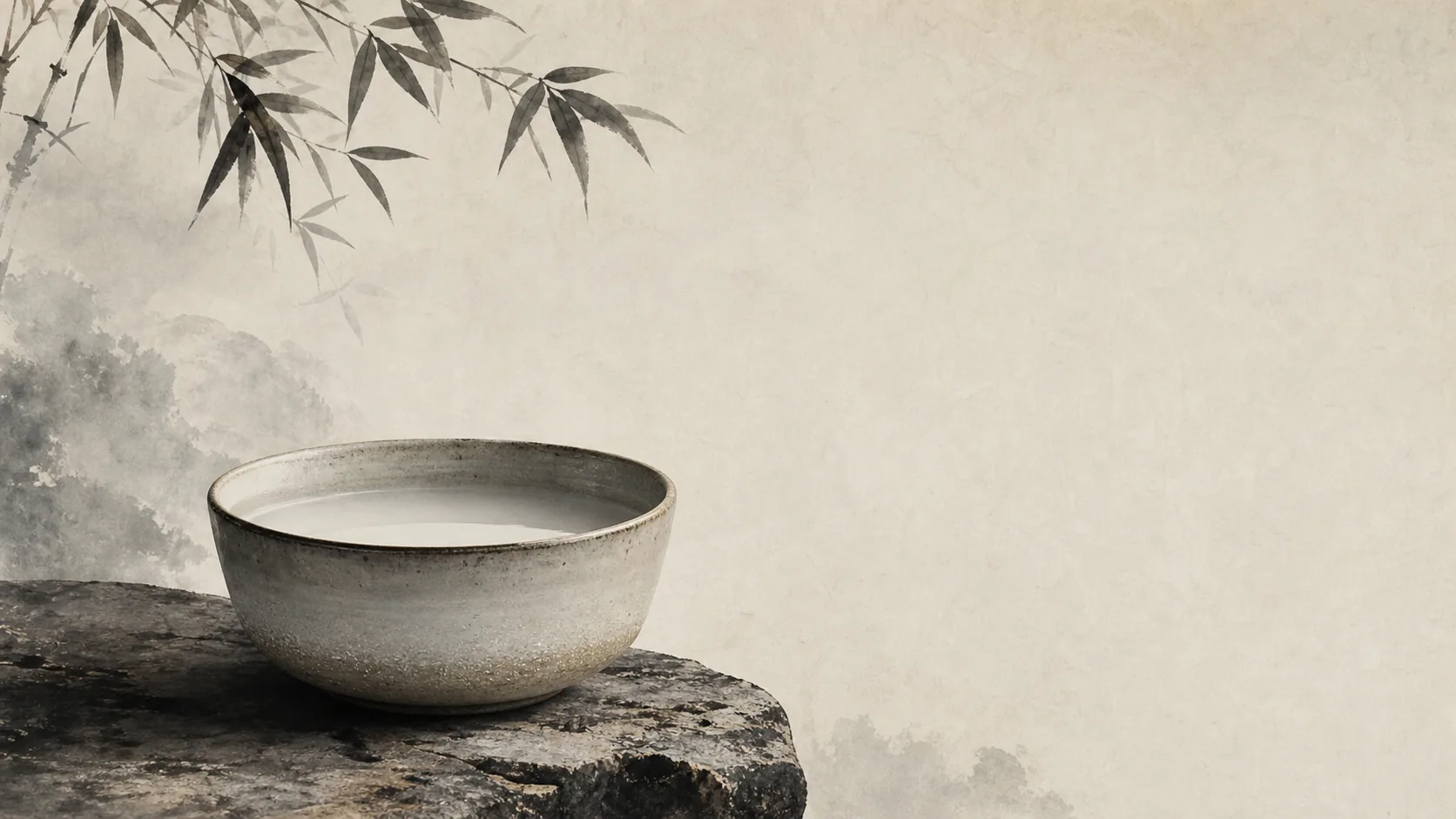 盛着乳白液体的陶碗放在石台上，竹叶垂在水墨山景前