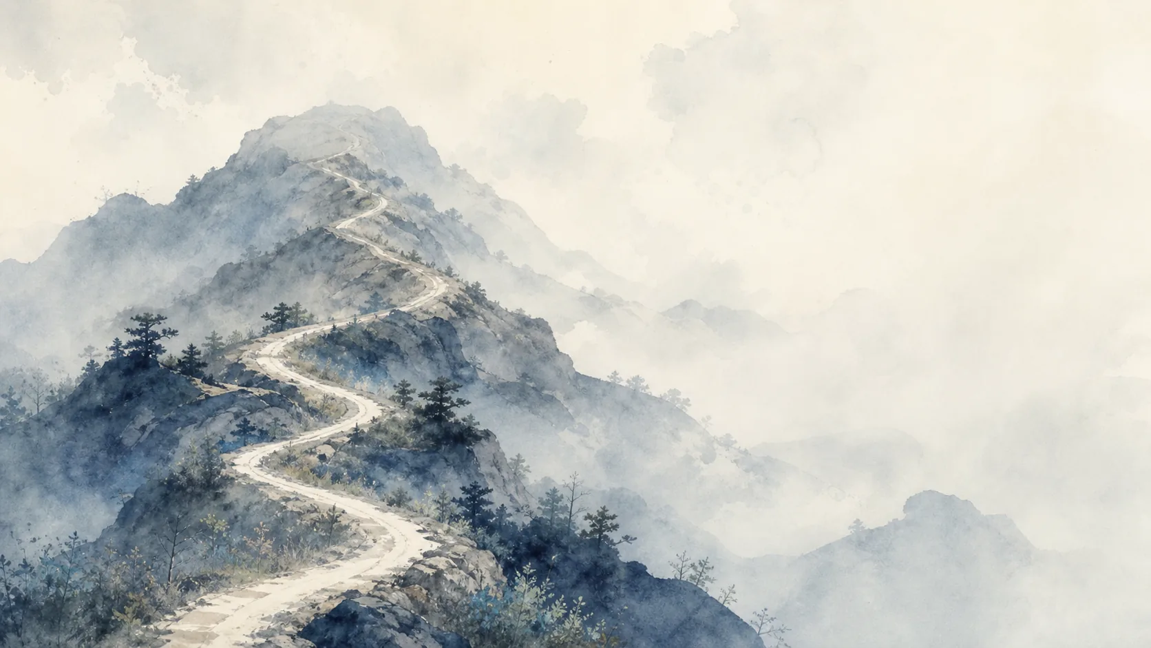浅色山路沿雾中山脊曲折攀向峰顶，松树散布在岩坡间