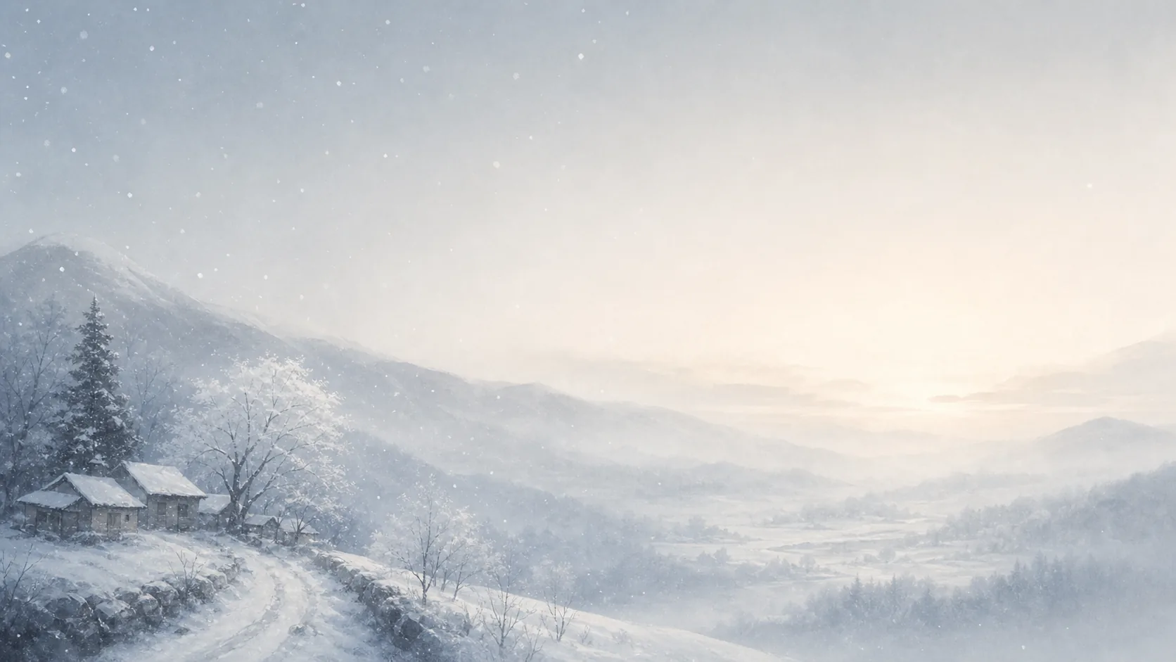 雪花飘落在山谷村庄，几间积雪木屋立在坡边