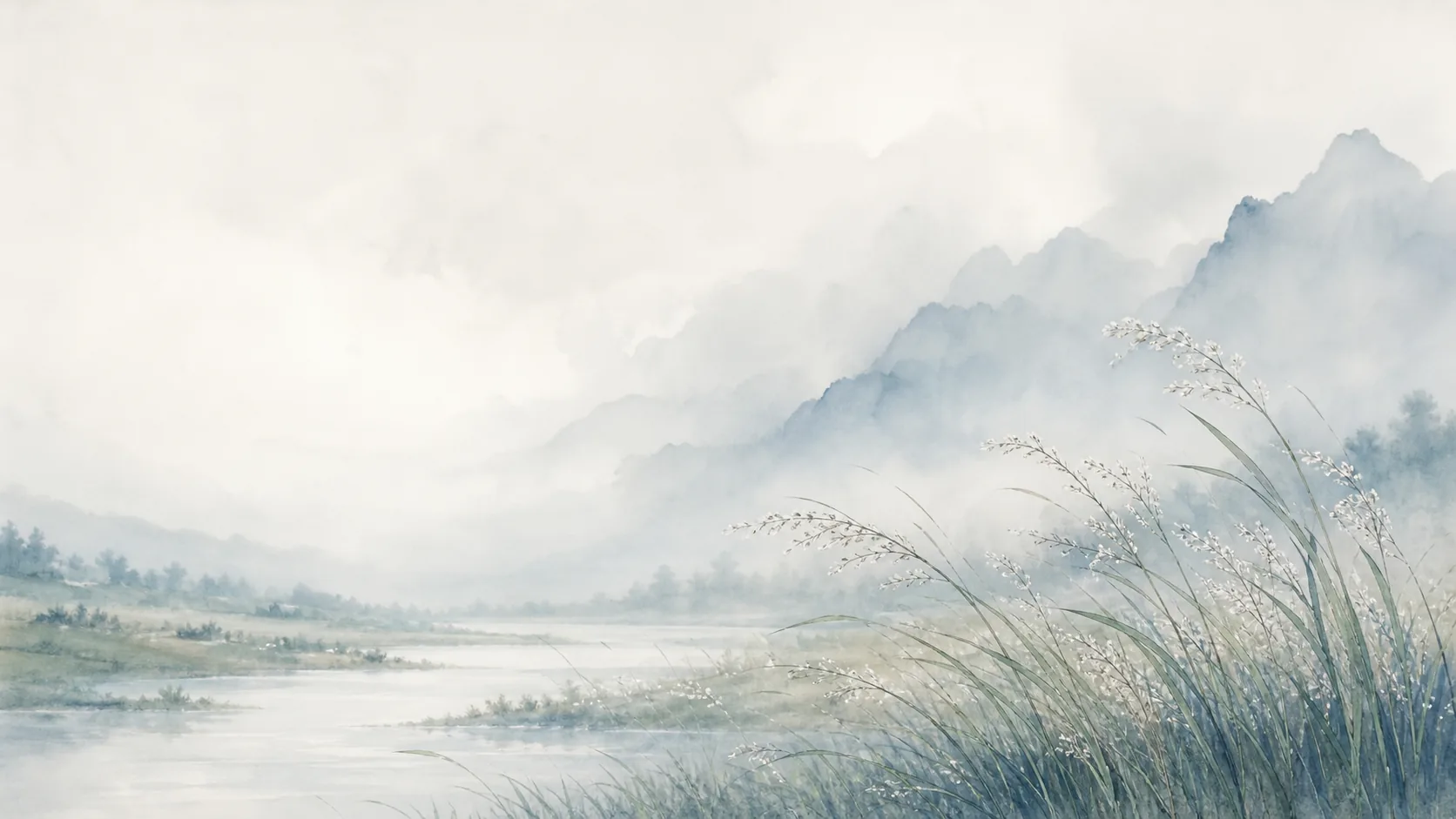 细长草穗在水边伸向雾中山谷，远处河湾泛着浅光