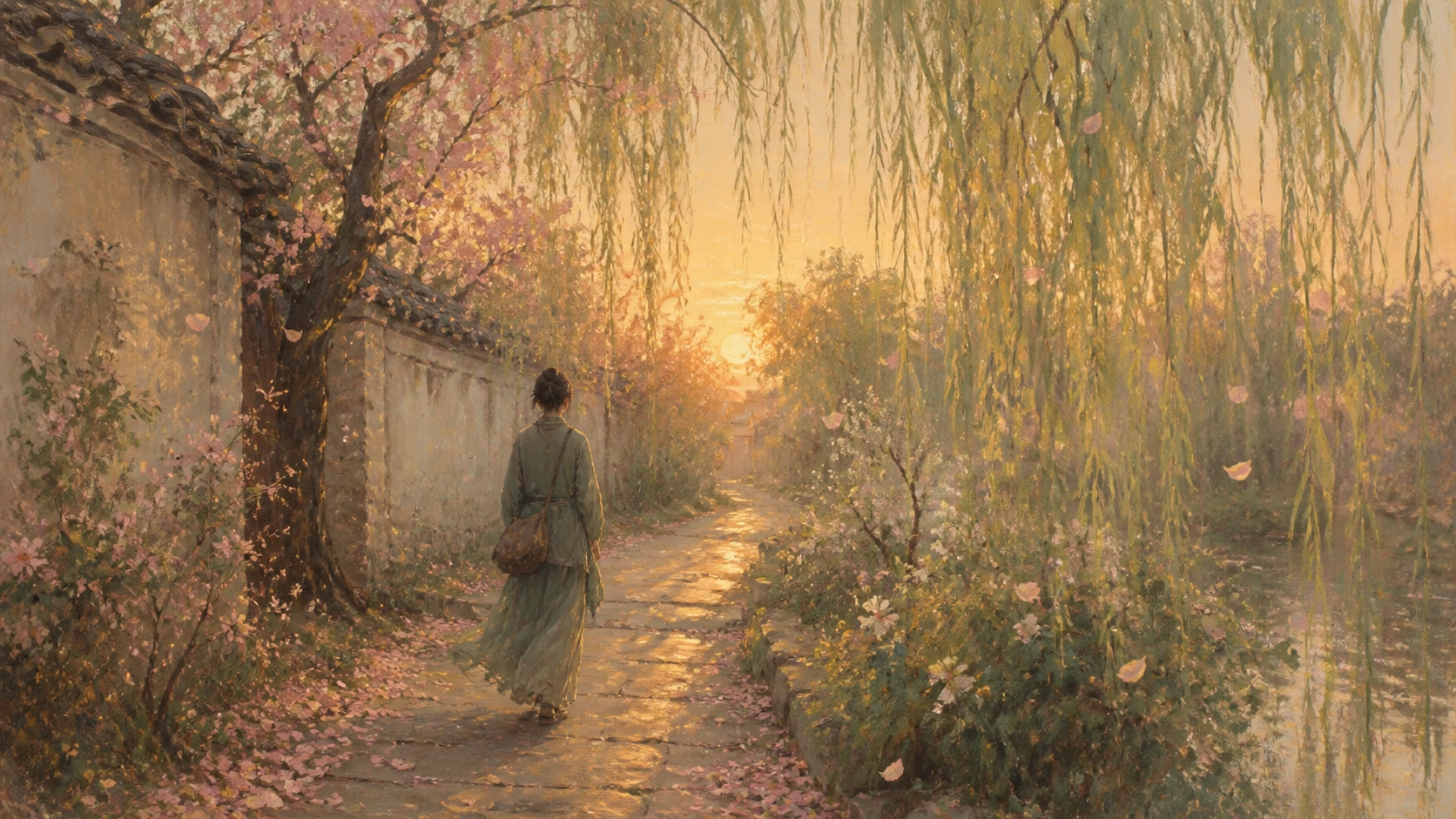 束发人物沿夕阳下的河畔石路前行，柳枝与粉花环绕两侧