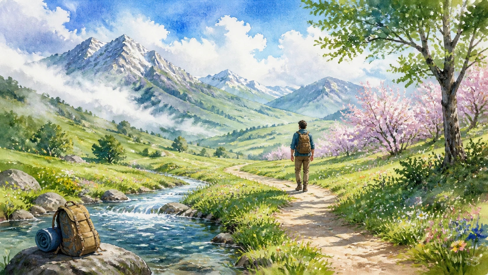 背包客沿溪边花径走向雪峰，另一只背包放在岸边岩石上