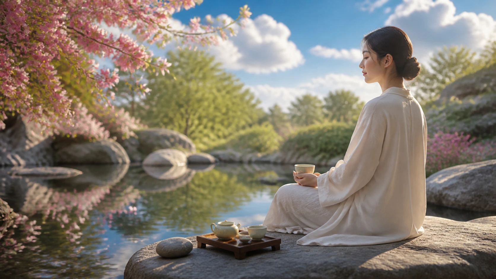 白衣女子坐在桃花映照的池边石台上，手持茶杯静坐