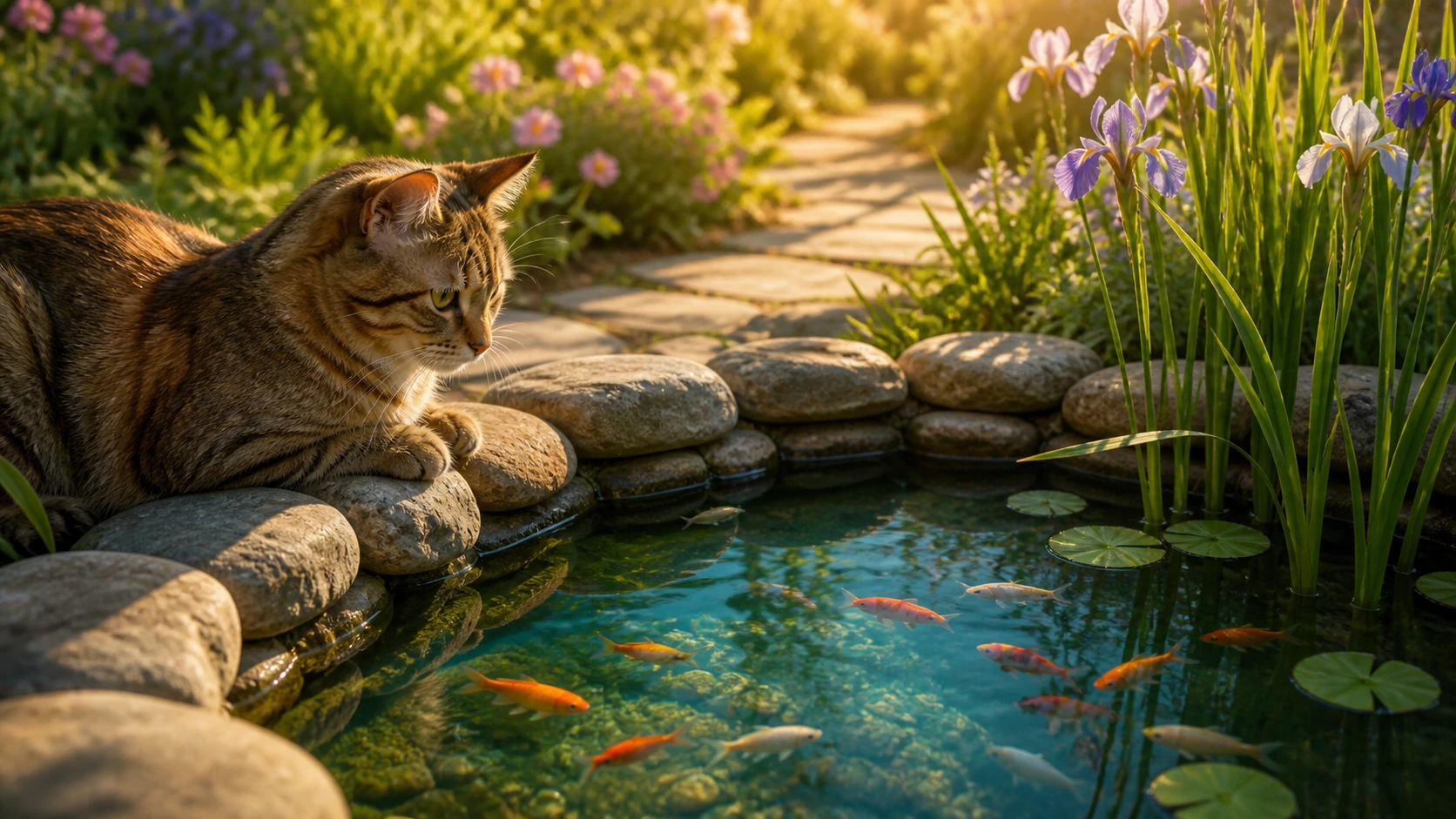 虎斑猫伏在鸢尾花旁的石岸，注视清澈池塘里游动的锦鲤
