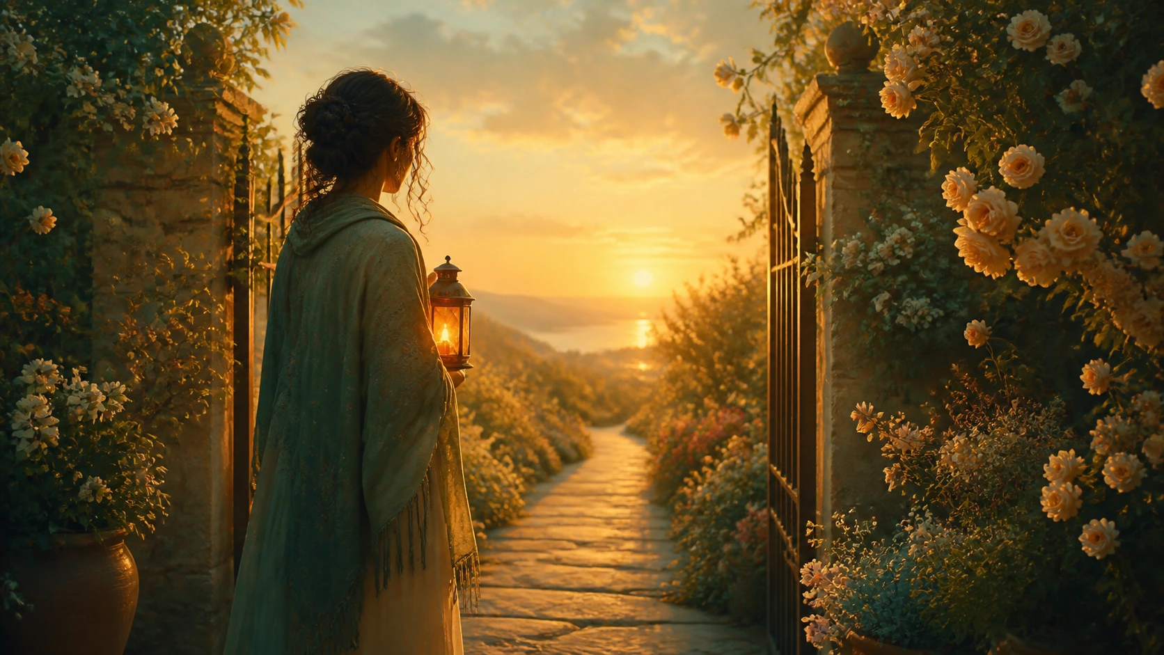 披着浅色围巾的女子提灯站在花园铁门旁，望向夕阳下的海面与石径