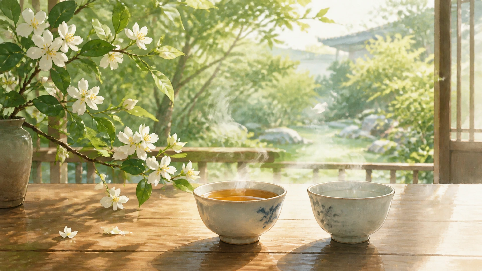 两只陶瓷茶杯放在阳光照亮的木桌上，一杯盛着热茶，旁边白花盛开