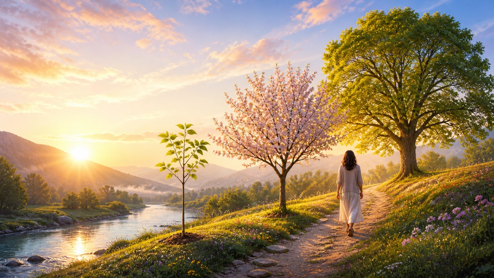 白裙女子沿夕阳下的河畔小路前行，经过幼树、粉色花树和高大绿树