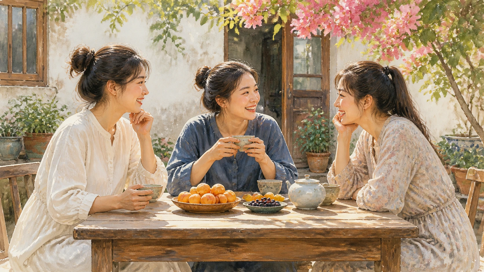 三名女子坐在花树下的庭院木桌旁喝茶交谈，桌上摆着水果