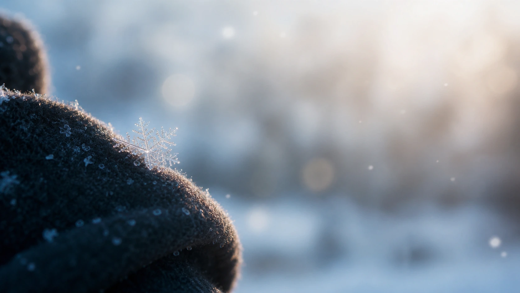 一枚晶莹雪花落在覆霜的深色织物上，背景是模糊雪景