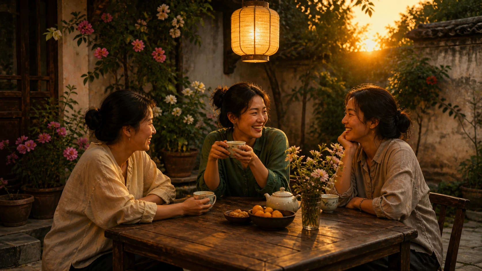 三名女子在夕阳庭院的木桌旁喝茶谈笑，桌上摆着茶壶、水果与鲜花