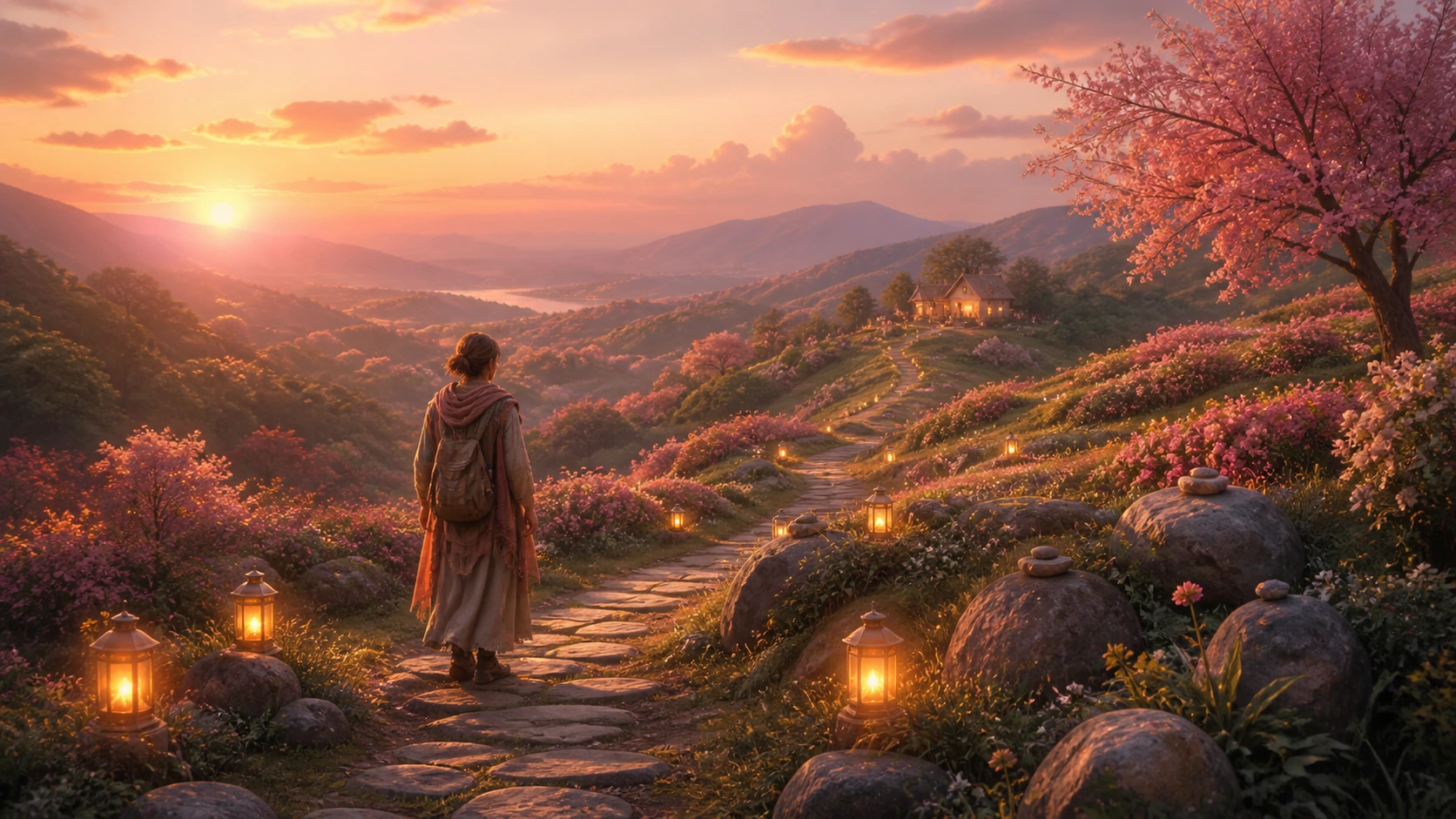 背包女子沿灯笼点亮的花间石路走向山坡小屋，远处夕阳映照湖泊