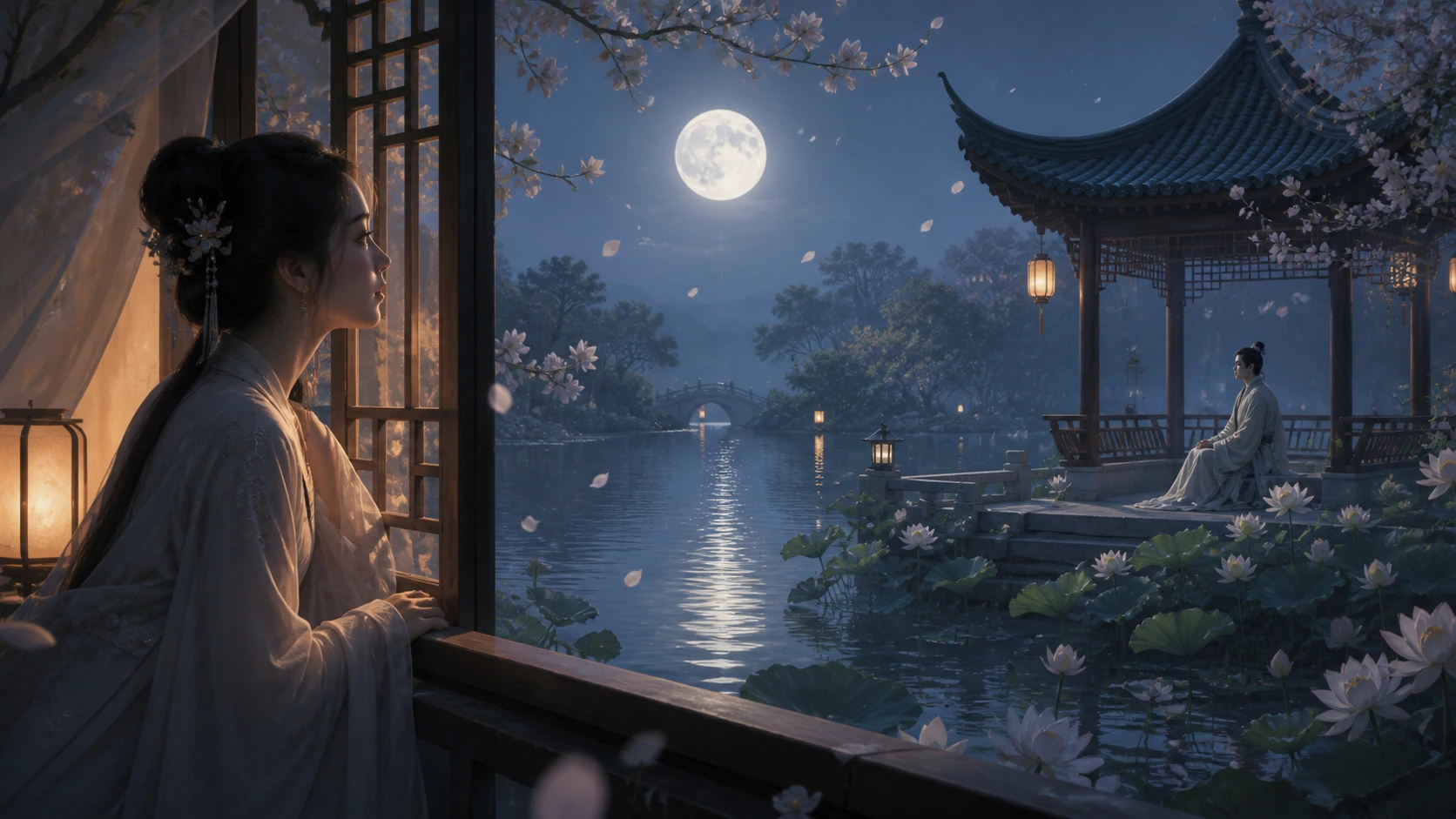 女子倚在窗边望向月夜荷塘，对岸男子独坐水上亭中