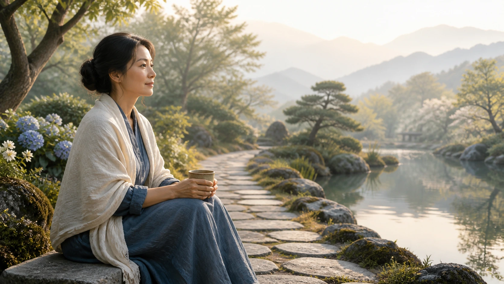 女子坐在湖畔石路边捧着杯子，远处群山与树木倒映水面
