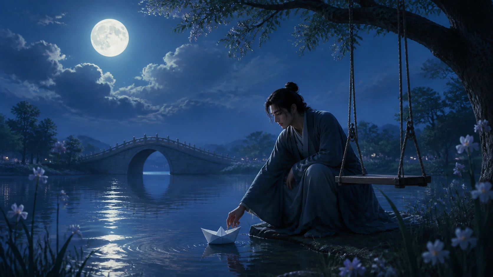 束发人物坐在月夜湖畔的秋千旁，将纸船放入水中，远处有石拱桥
