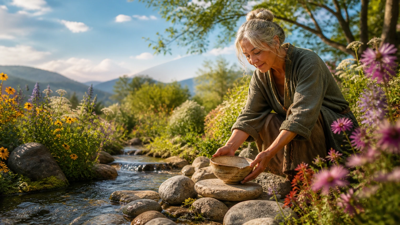 灰发女子在花草环绕的溪边，将陶碗放到一块平石上