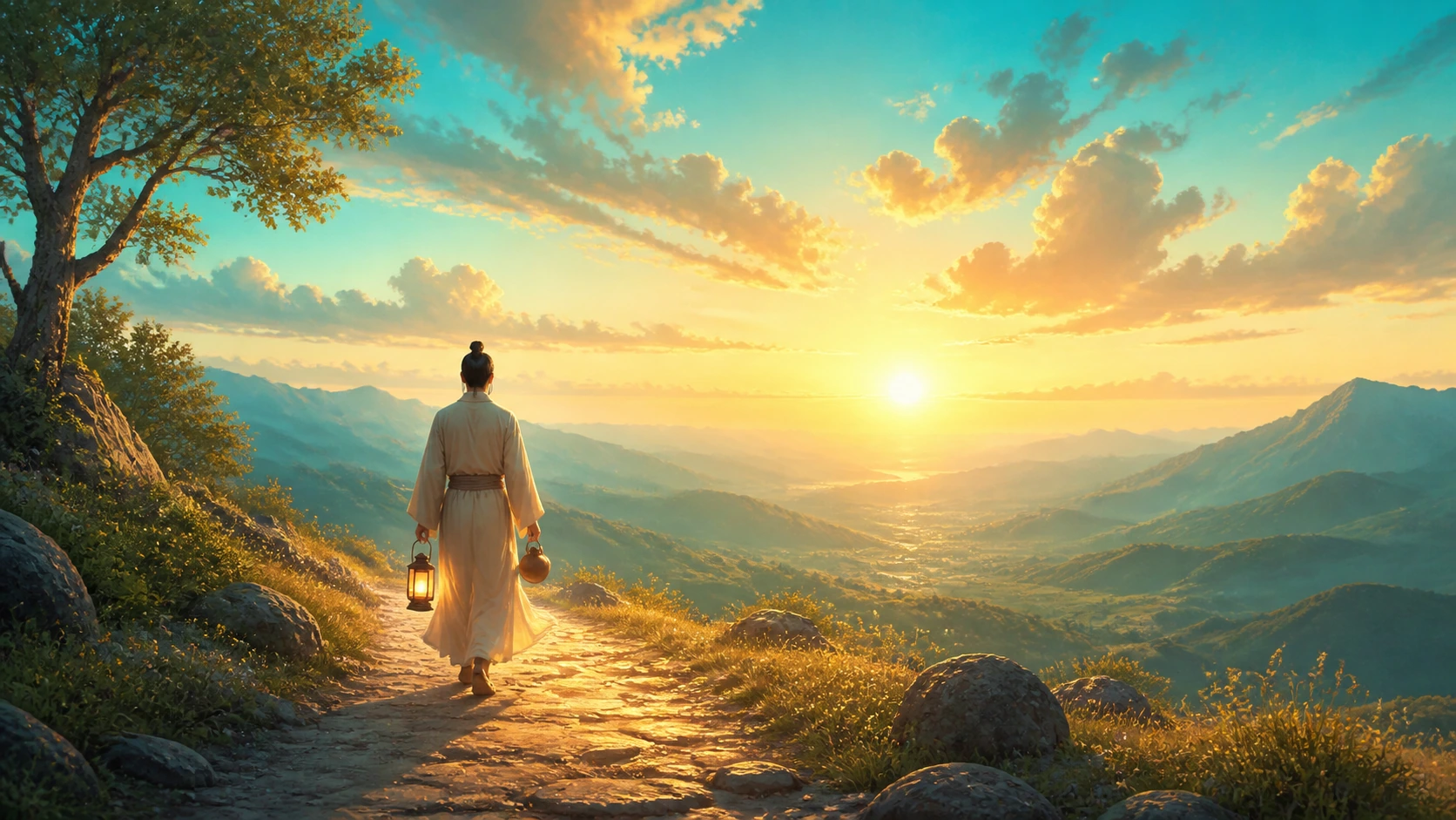 白袍人物提着灯和陶壶，沿山路走向夕阳照亮的河谷