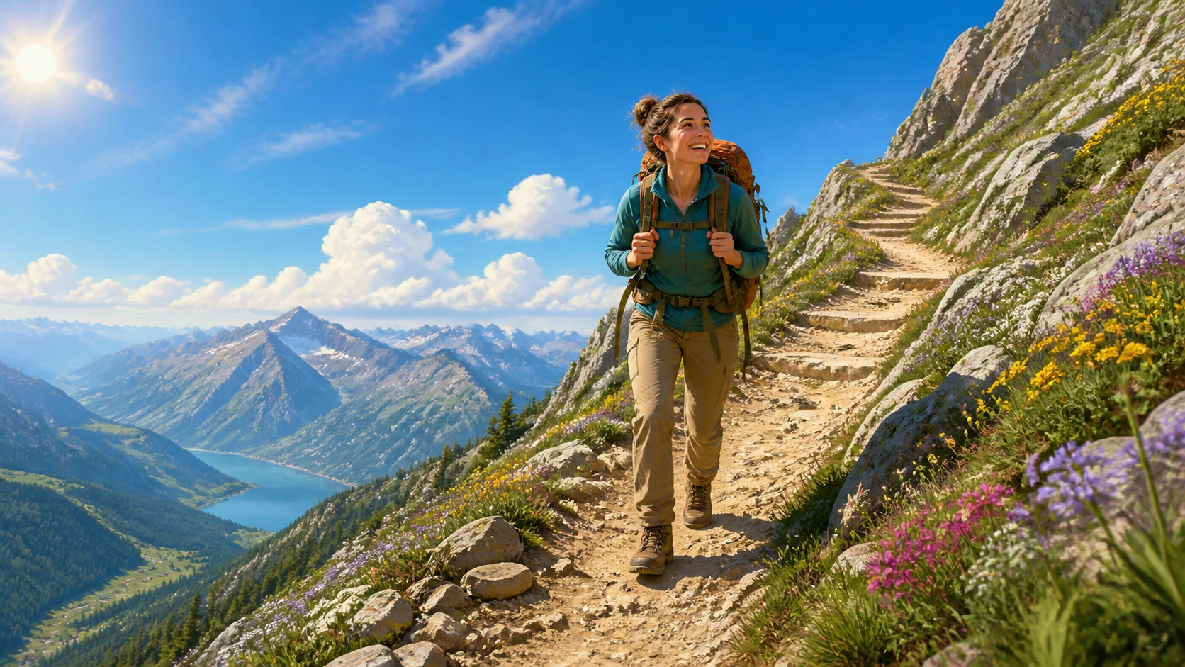 微笑女子背着登山包走在花草遍布的山路上，远处可见湖泊与群峰