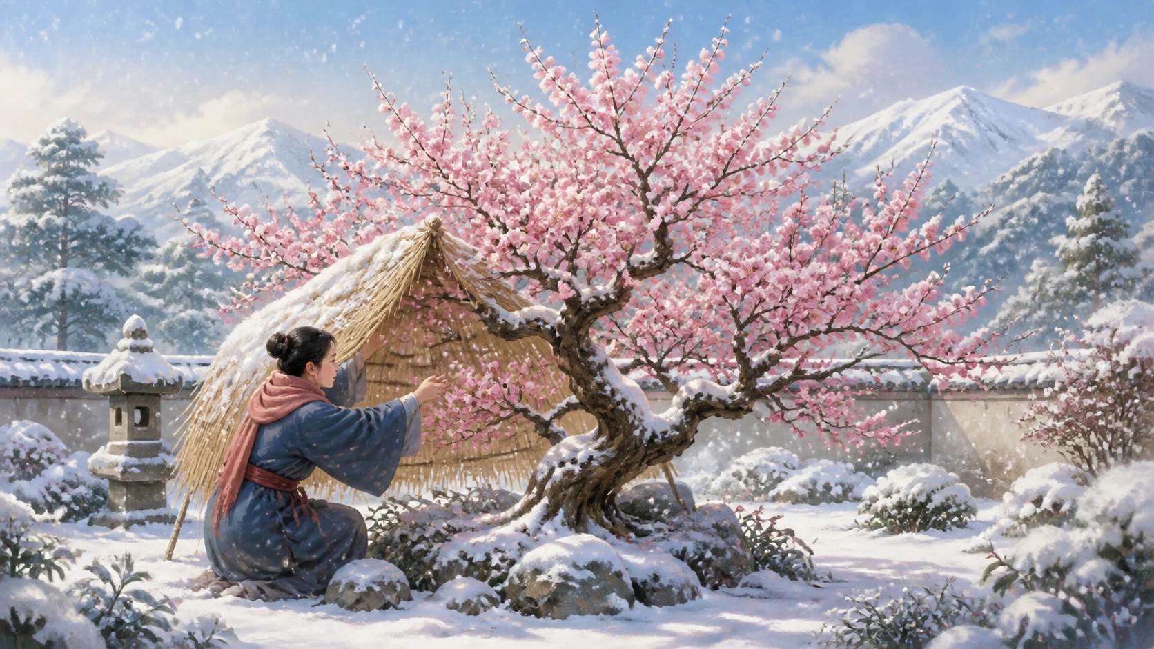 女子跪在雪地里触碰盛开的粉花树，树后立着草编挡板