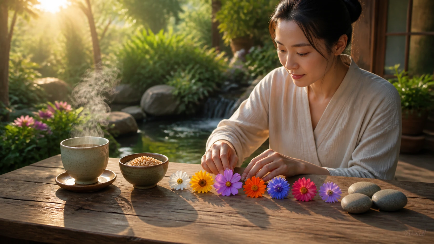 女子在庭院木桌上将多色花朵排成一列，旁边放着热饮、谷物和圆石