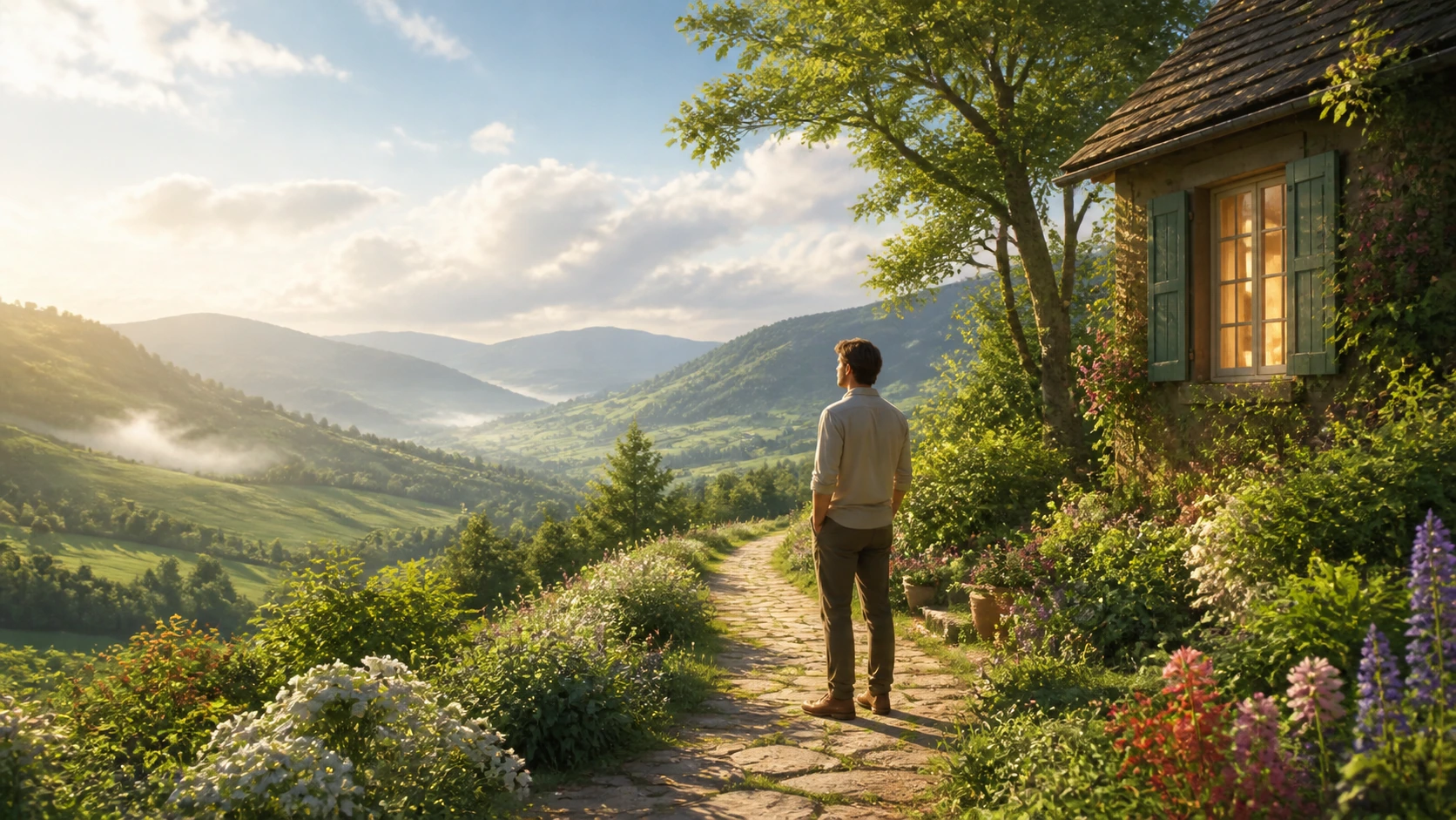 男子站在山坡小屋旁的花间石路上，眺望晨雾中的绿色山谷