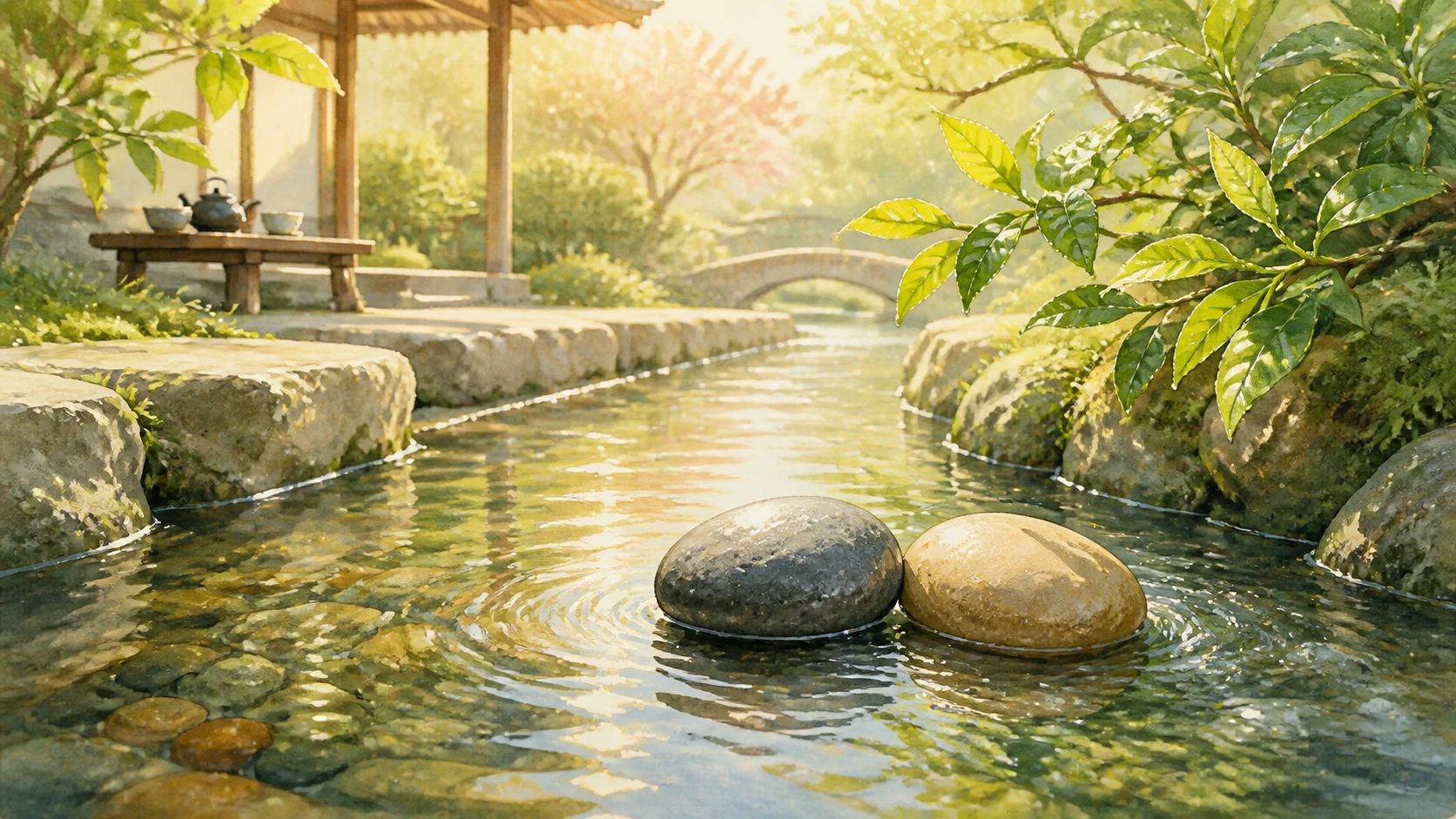 两块光滑圆石相靠在庭院溪流中，远处木亭桌上摆着茶具