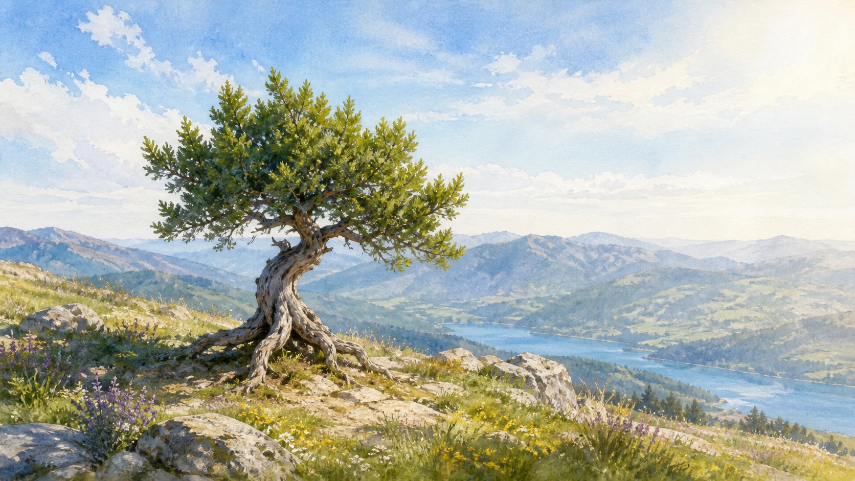 一棵根干盘曲的孤树立在山坡花丛中，俯瞰湖泊与群山