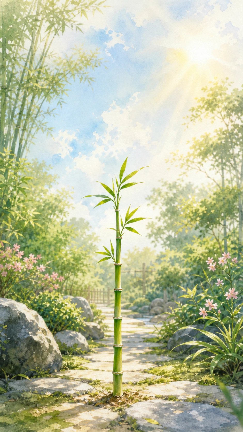一株挺直的新生竹子长在阳光照亮的花园石径中央