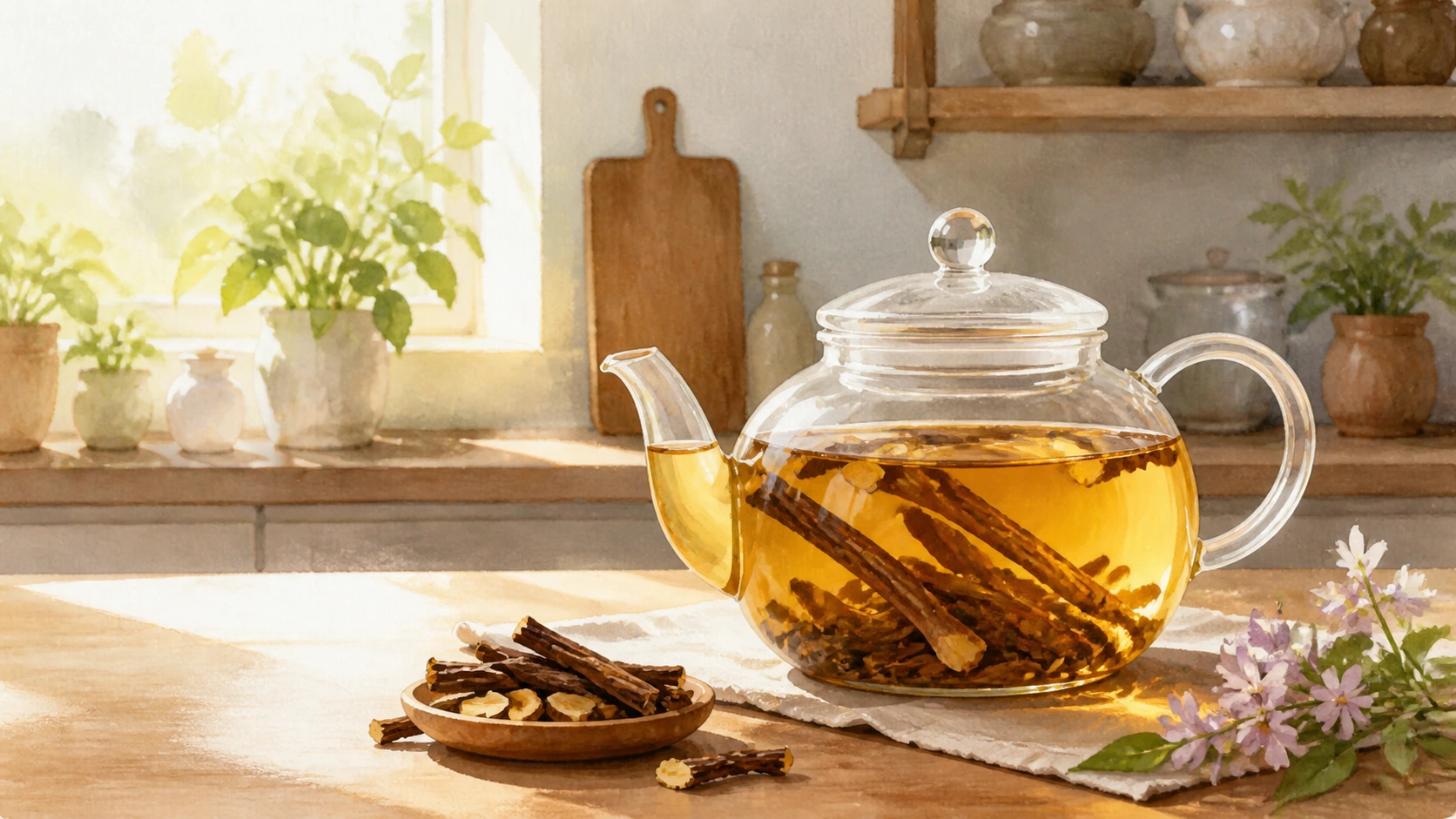 玻璃茶壶里浸泡着多段棕色根茎，旁边小碟放着同样材料
