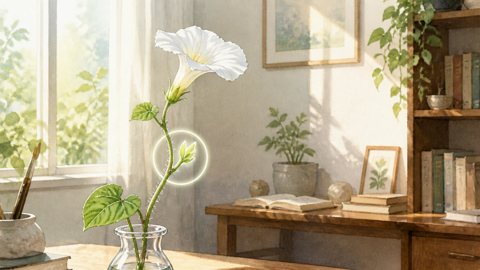 玻璃瓶中的白色牵牛花伸出新芽，新芽周围有一圈柔光