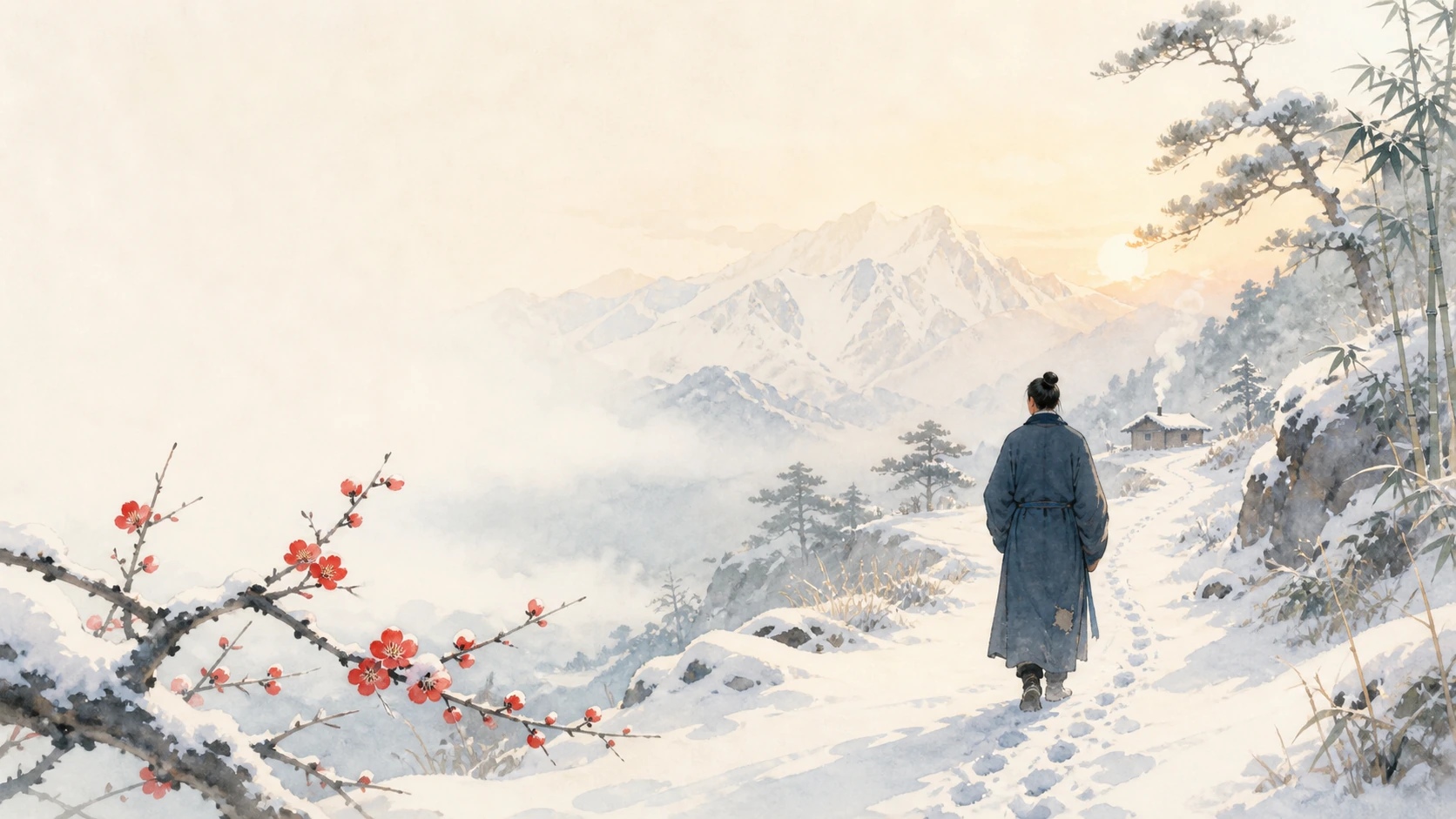 长袍男子沿梅花旁的雪山小路走向远处小屋