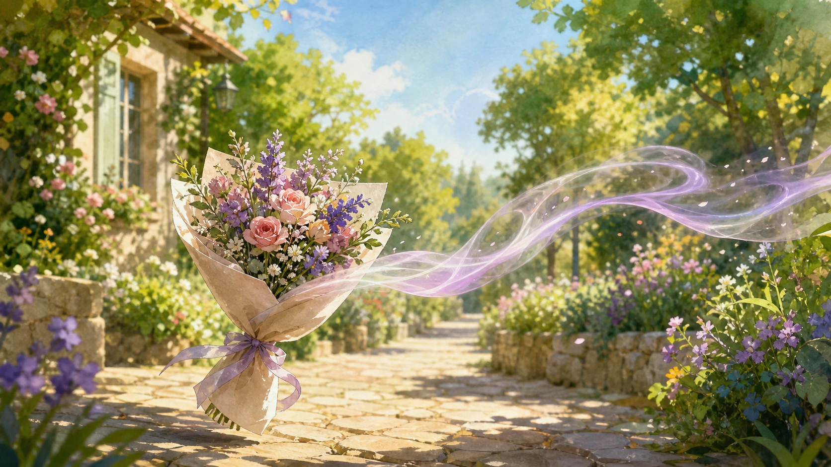 花束悬在阳光花园石径上，紫色轻纱随风飘向远处