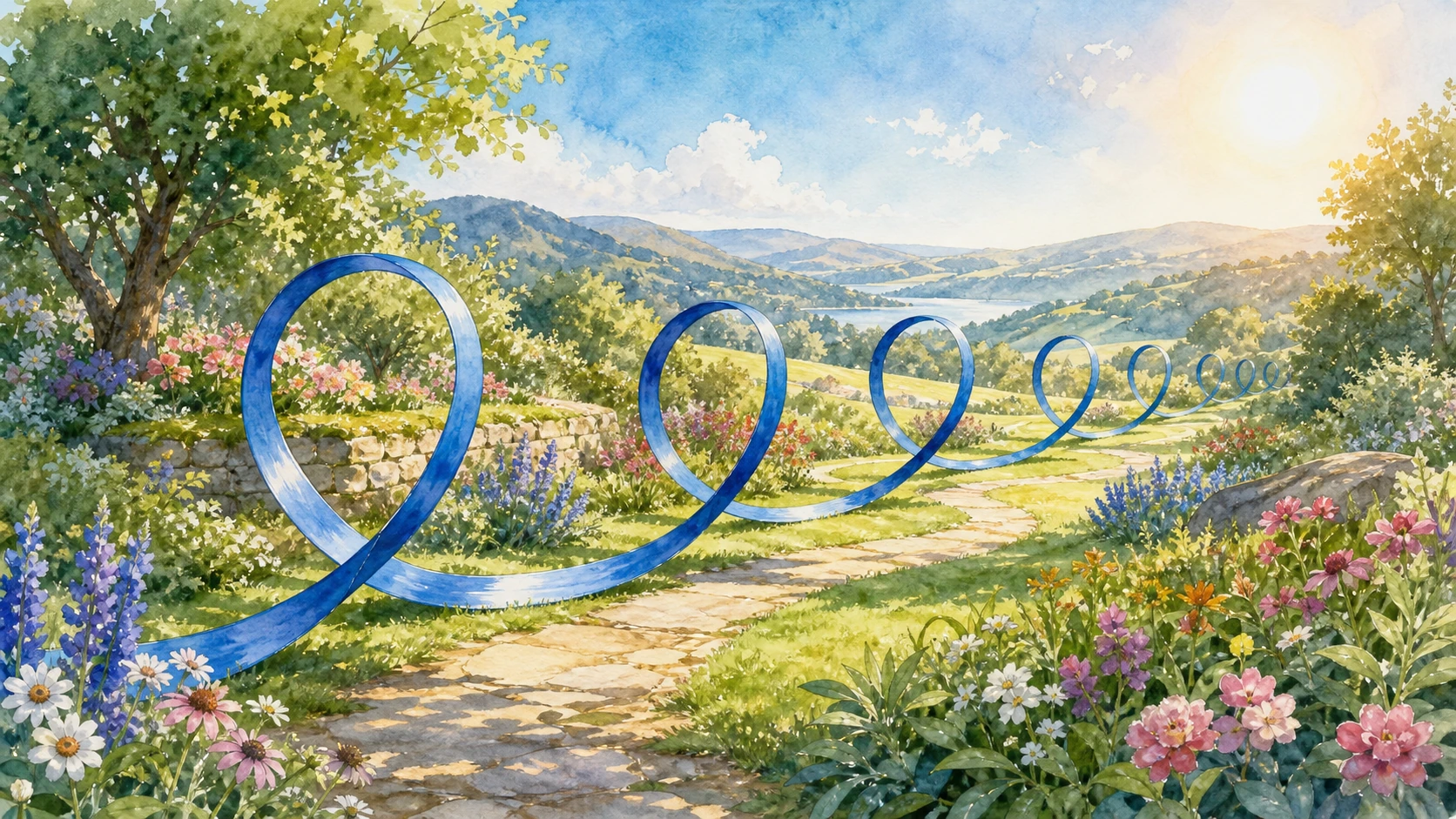 蓝色长带在山谷花园上方盘旋成连续圆环