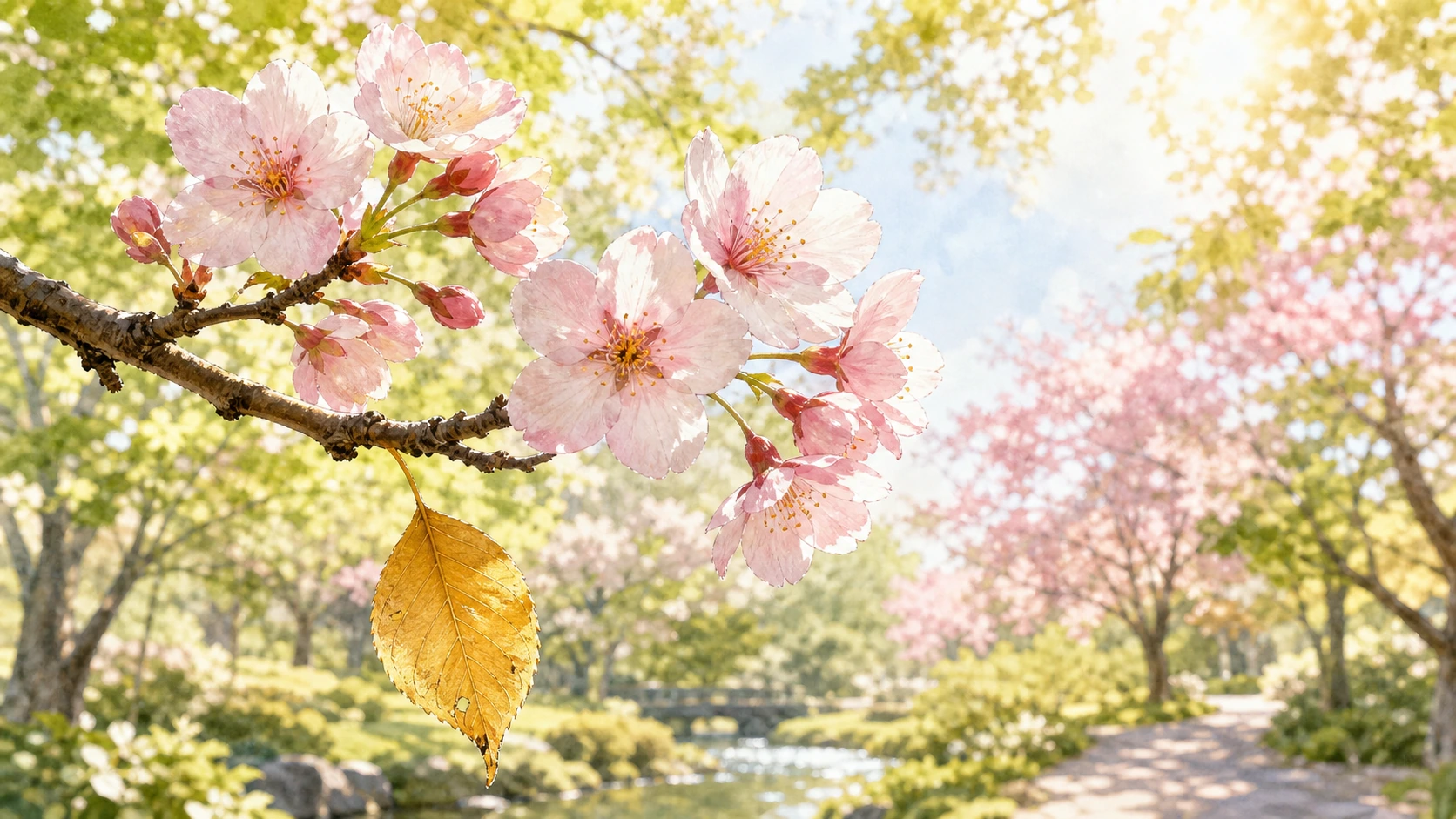 粉色樱花枝上悬着一片金黄叶子，背景是阳光花园