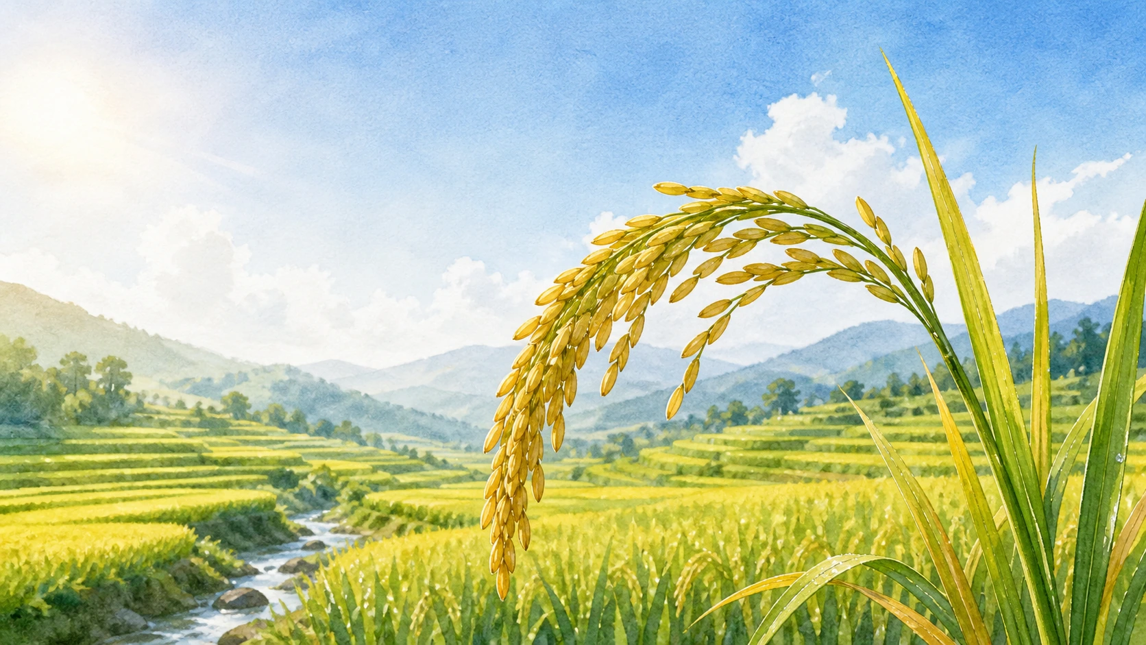 饱满金黄稻穗垂在层层梯田与远山前
