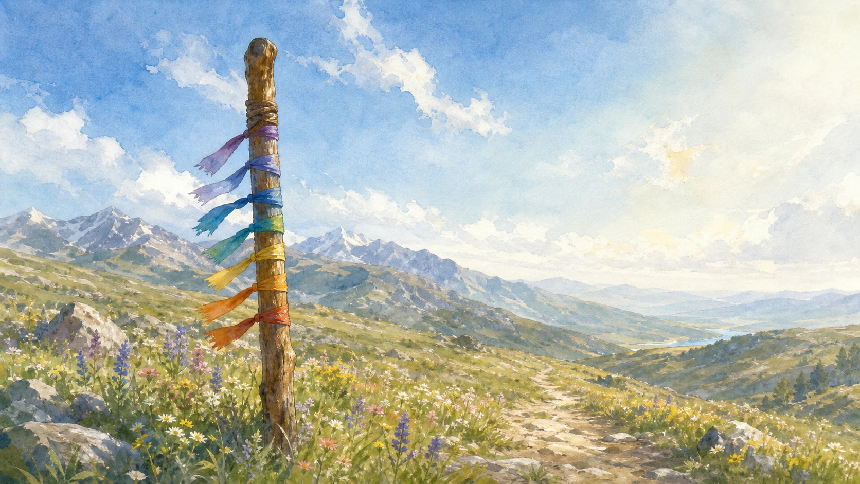 系着多条彩色布带的木桩立在高山花径旁