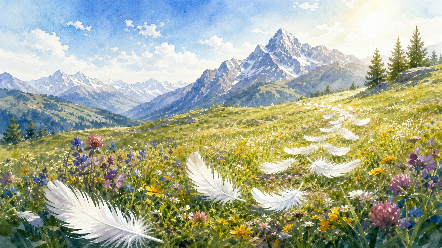 白色羽毛飘过开满野花的高山草甸与雪山