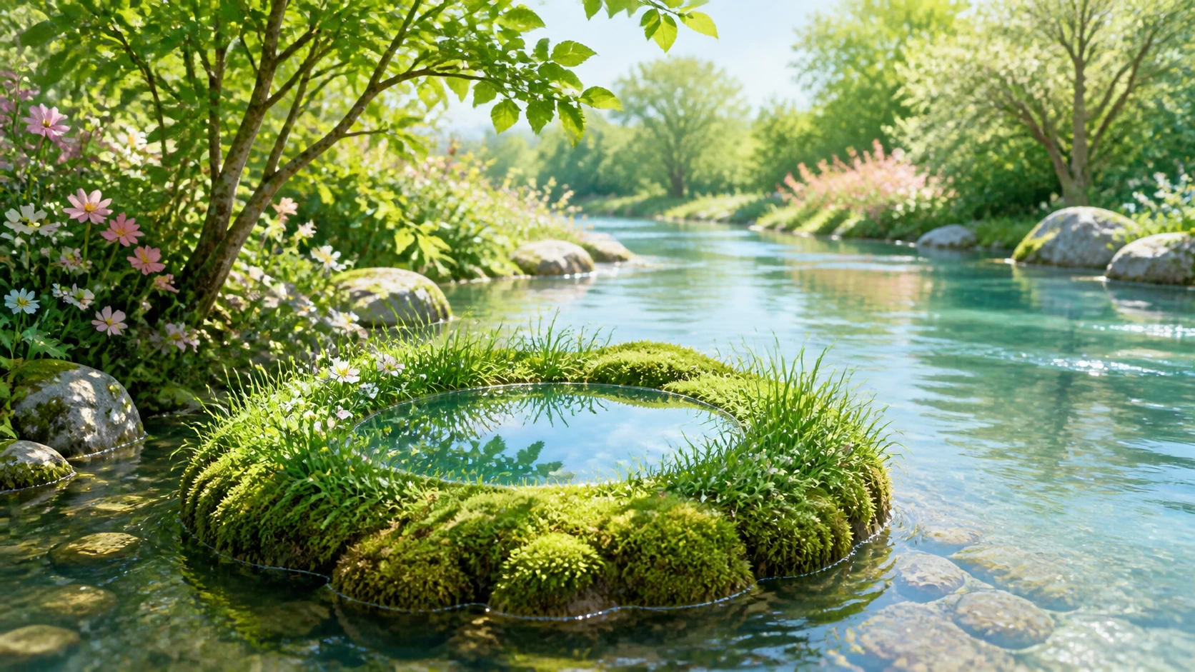 长满苔藓与小花的圆环漂在清澈林间河流上