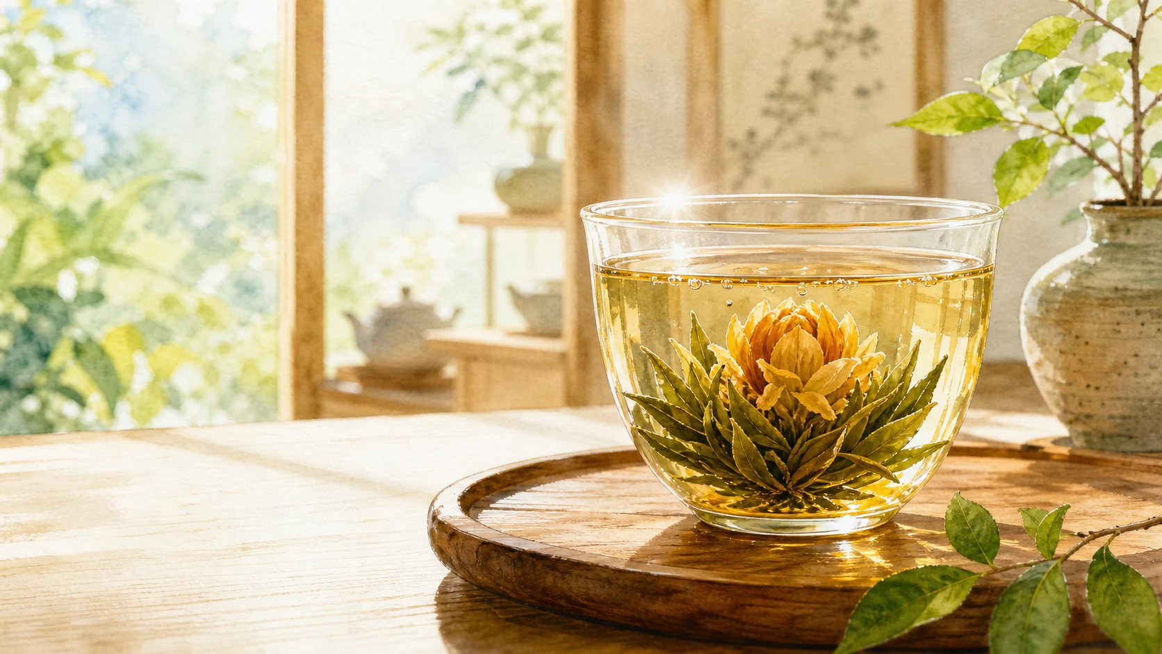 一朵花茶在阳光照亮的玻璃杯中舒展